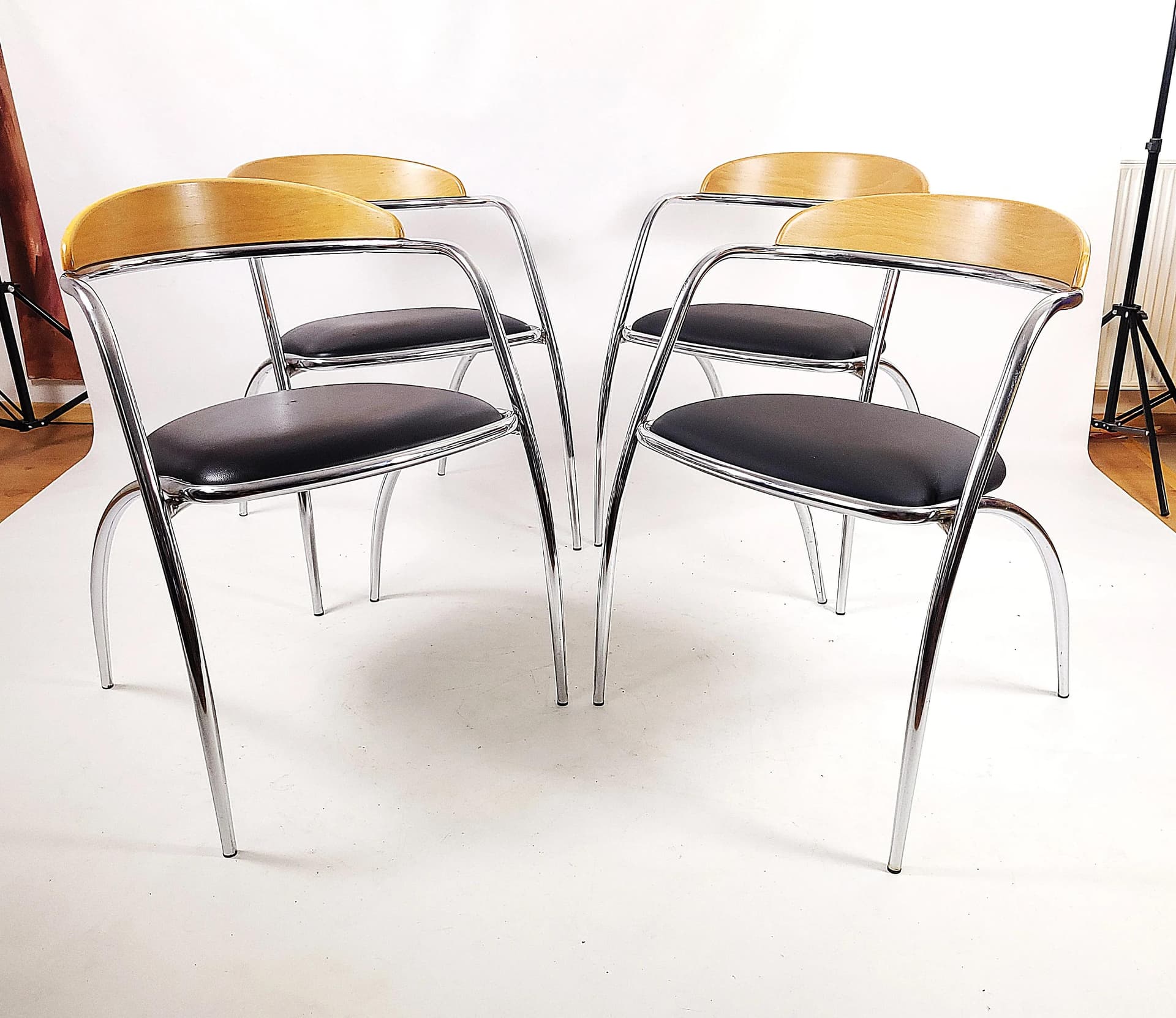 Set of chairs Efezeta, black eco-leather, light plywood, chrome steel, Italy, 1980s. - 85686