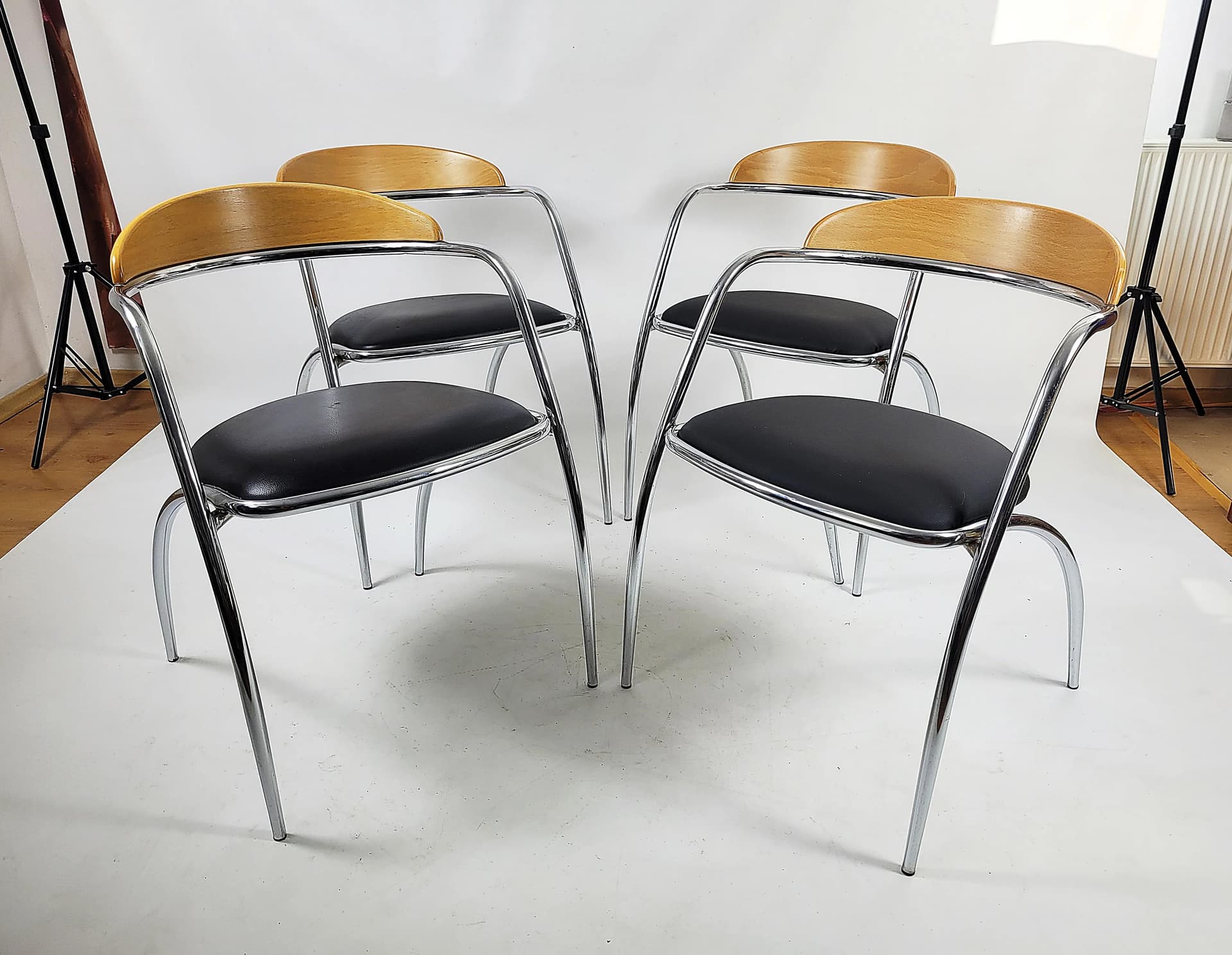 Set of chairs Efezeta, black eco-leather, light plywood, chrome steel, Italy, 1980s. - 85688