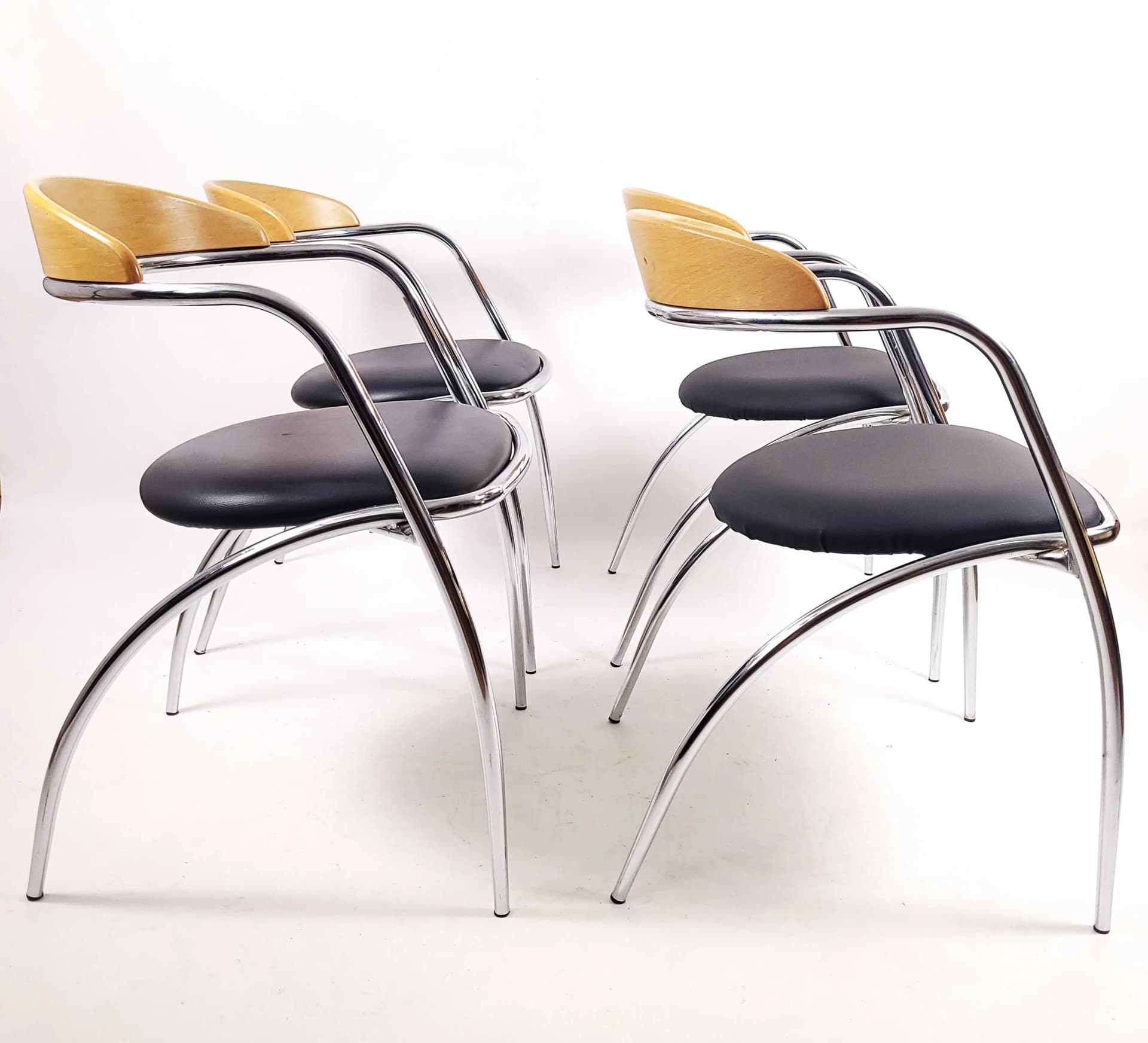 Set of chairs Efezeta, black eco-leather, light plywood, chrome steel, Italy, 1980s. - 85683