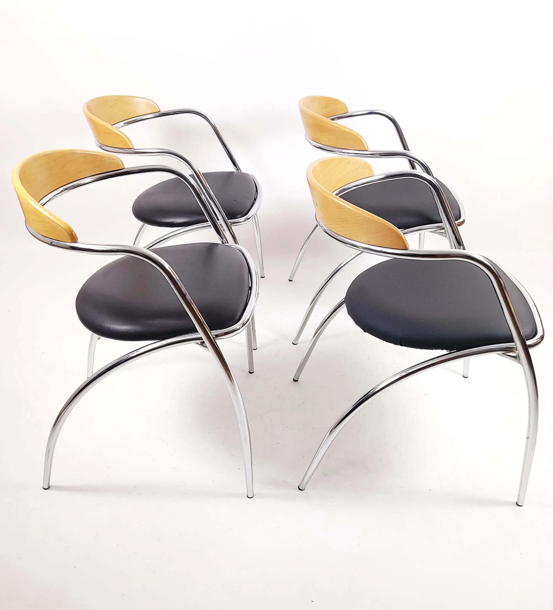Set of chairs Efezeta, black eco-leather, light plywood, chrome steel, Italy, 1980s. - 85682