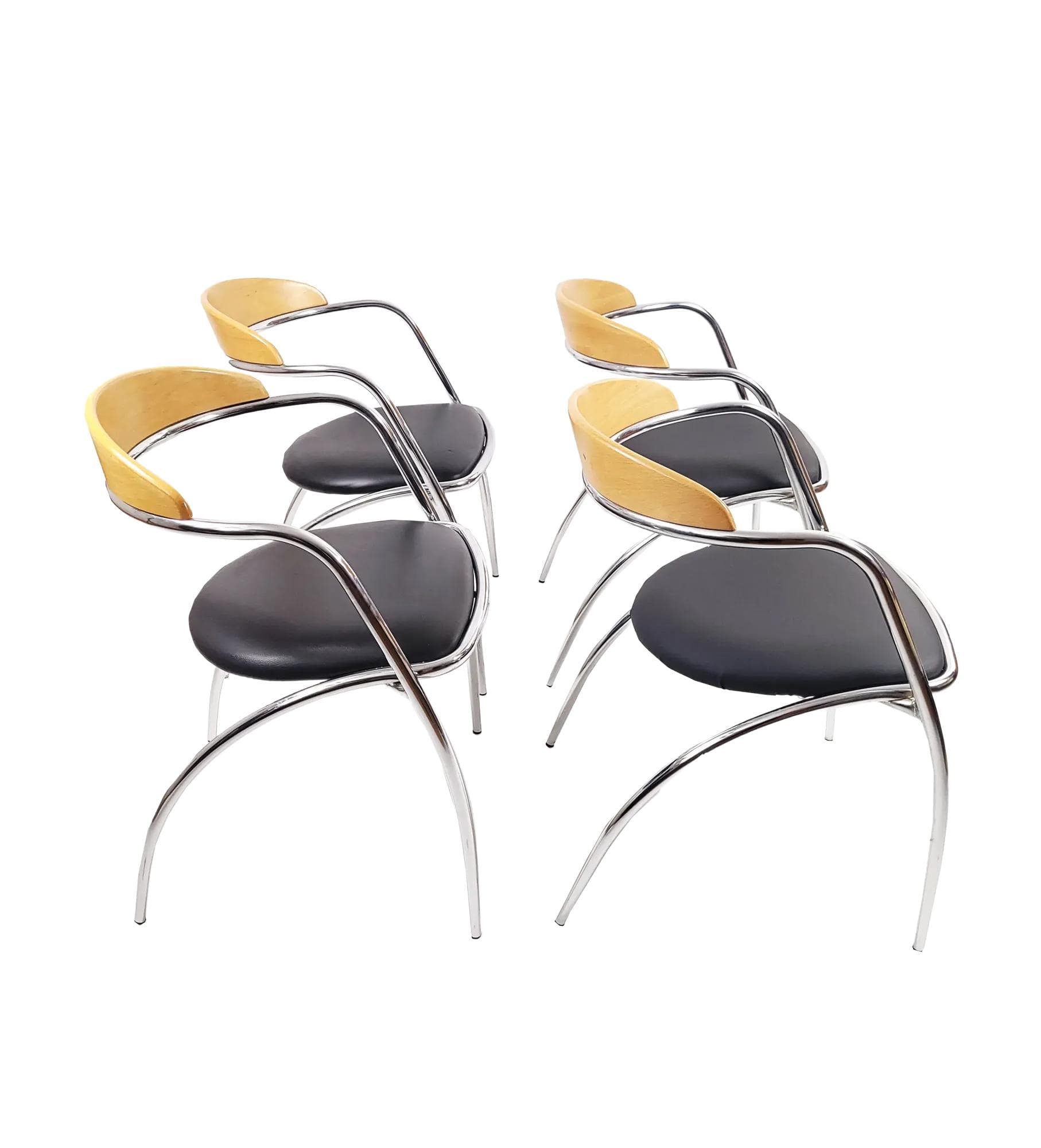 Set of chairs Efezeta, black eco-leather, light plywood, chrome steel, Italy, 1980s.