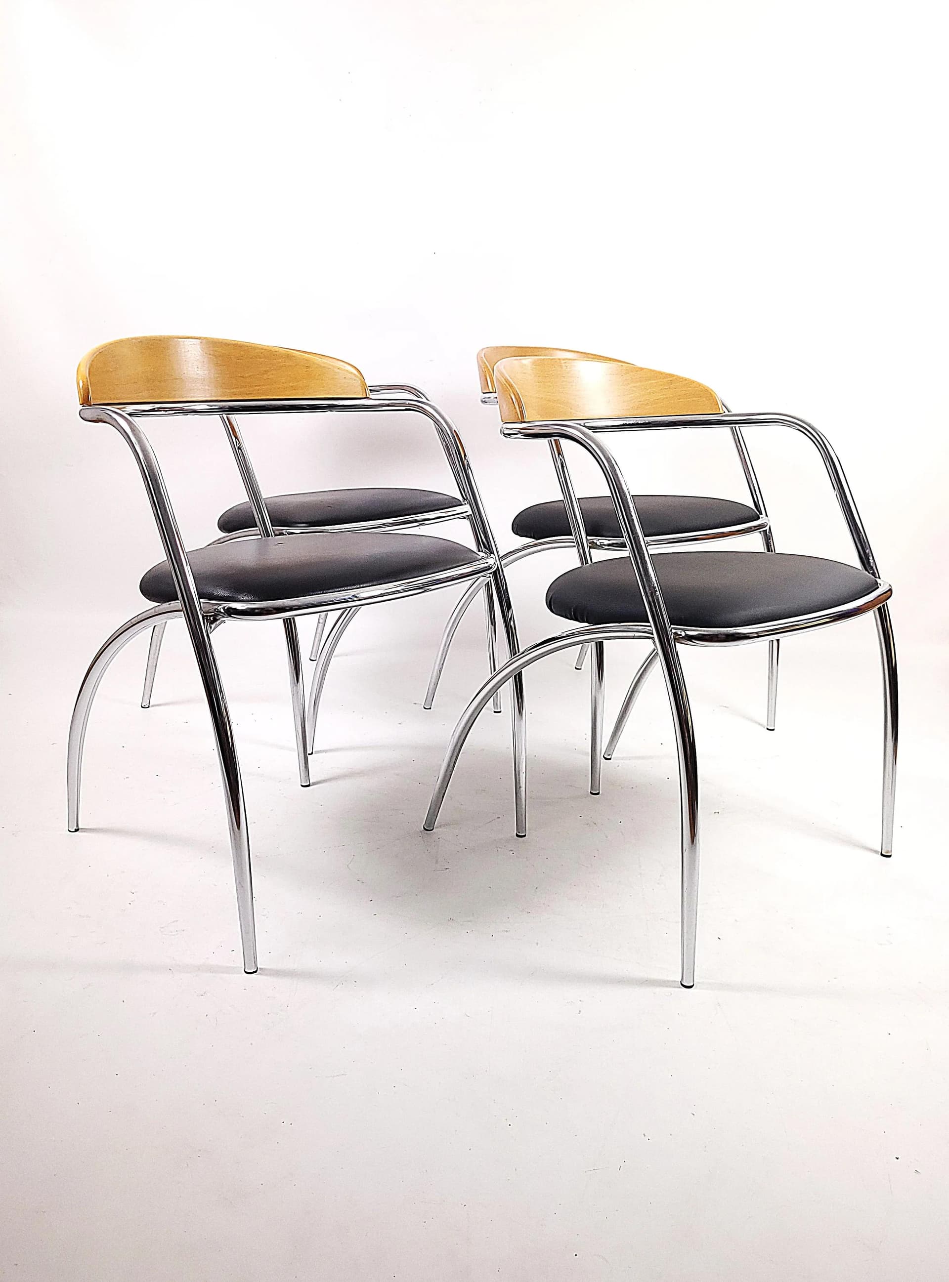 Set of chairs Efezeta, black eco-leather, light plywood, chrome steel, Italy, 1980s. - 85681