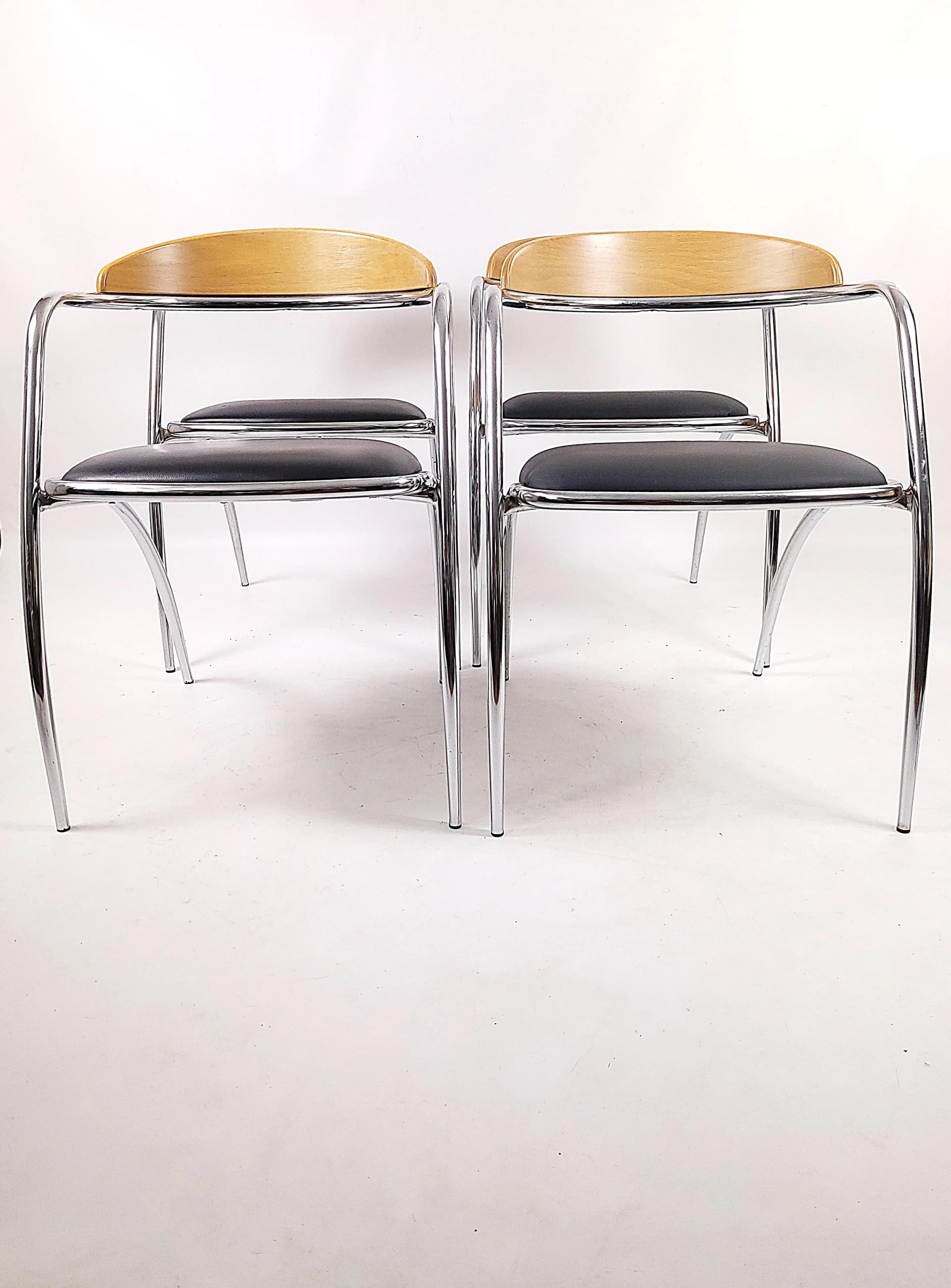 Set of chairs Efezeta, black eco-leather, light plywood, chrome steel, Italy, 1980s. - 85685