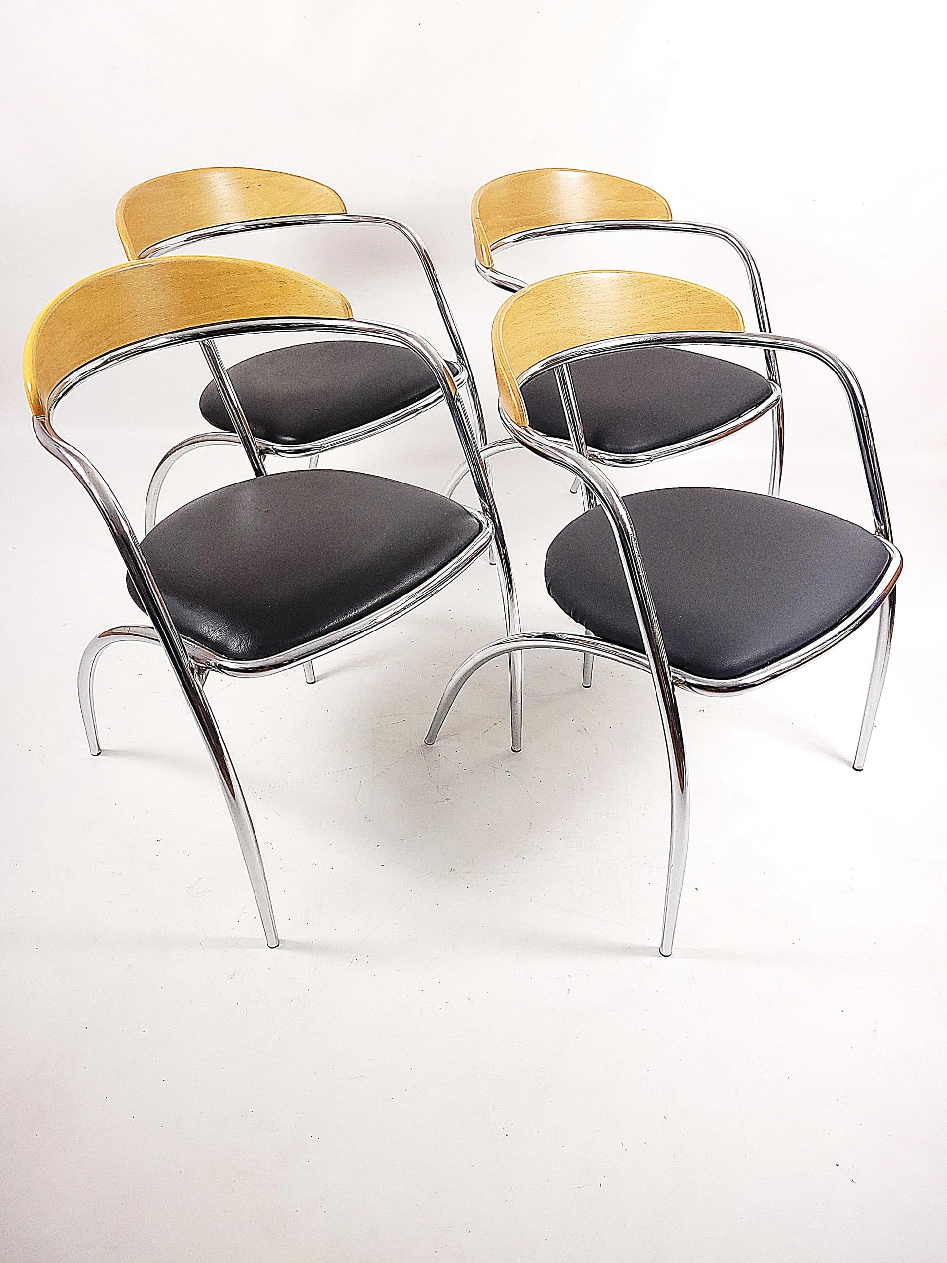 Set of chairs Efezeta, black eco-leather, light plywood, chrome steel, Italy, 1980s. - 85684