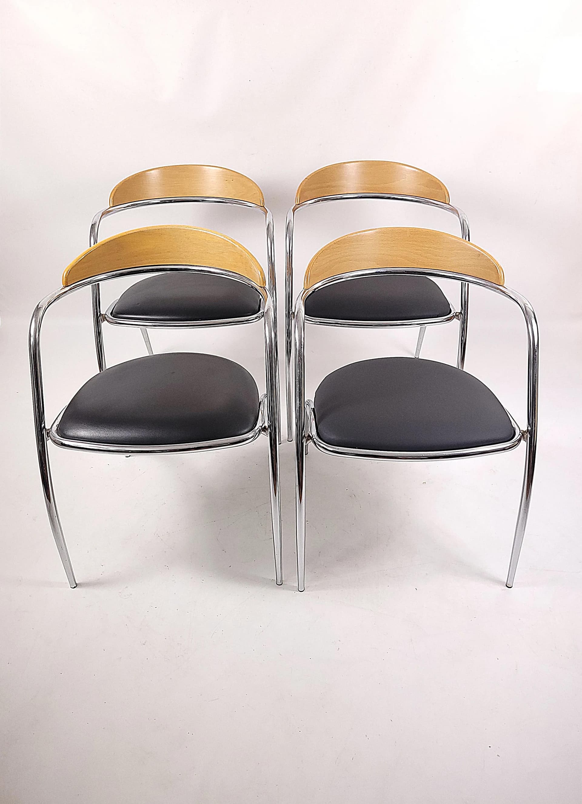 Set of chairs Efezeta, black eco-leather, light plywood, chrome steel, Italy, 1980s. - 85687