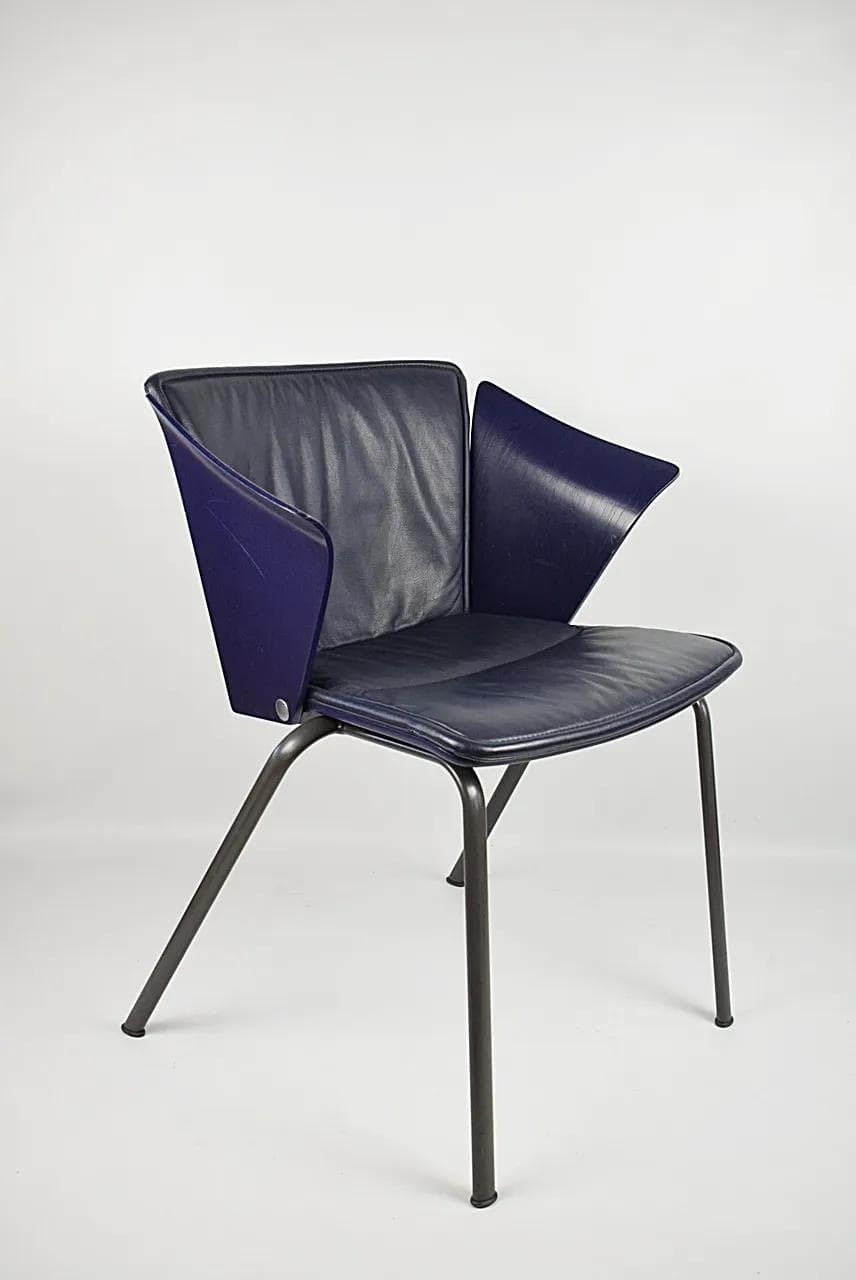 Pair of chairs VM3, navy blue leather, wood, metal, by V. Magistretti, for Fritz Hansen, Denmark, 1990s. - 85576