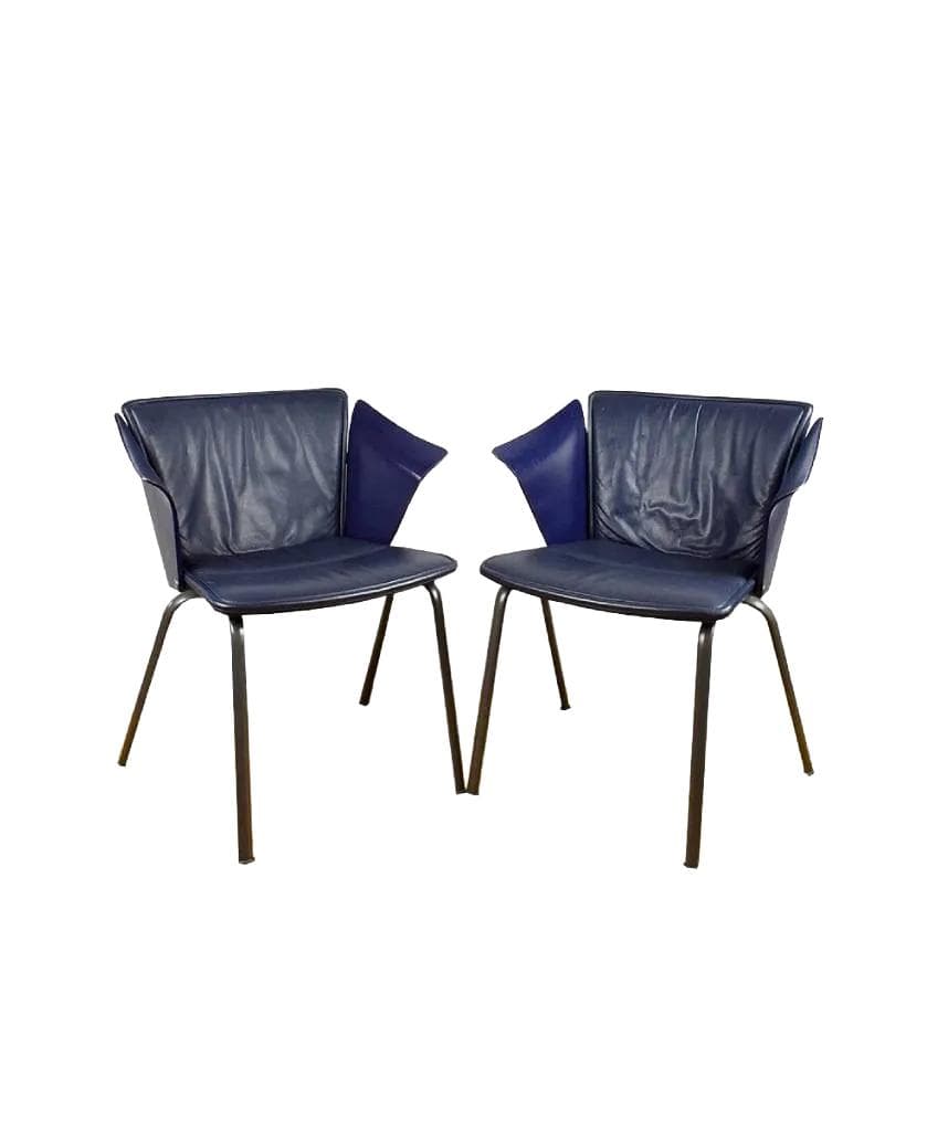 Pair of chairs VM3, navy blue leather, wood, metal, by V. Magistretti, for Fritz Hansen, Denmark, 1990s.