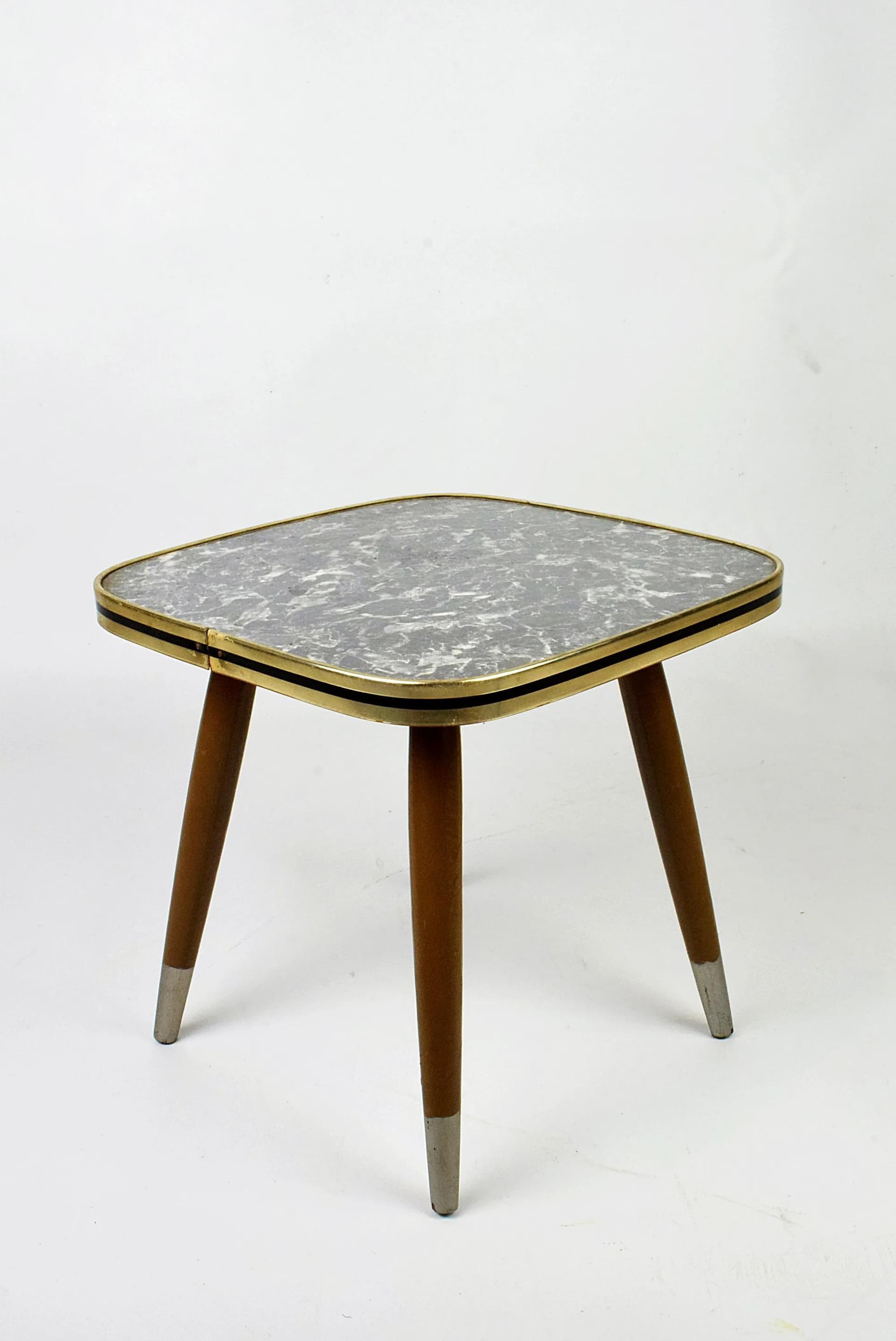 Plant stand, grey plastic top, brown wood legs, Poland, 1960s. - 85565