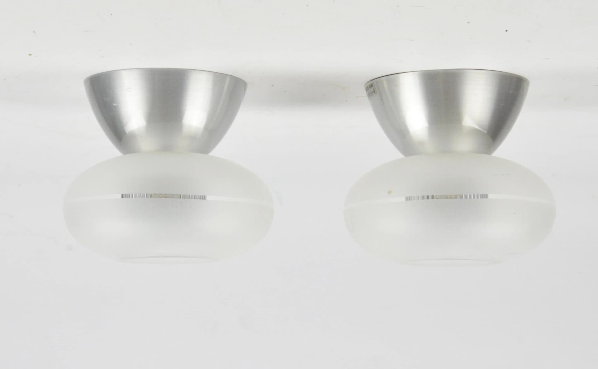 Pair of ceiling lamps, milky white glass, steel, Belid, Sweden, 1980s. - 85530
