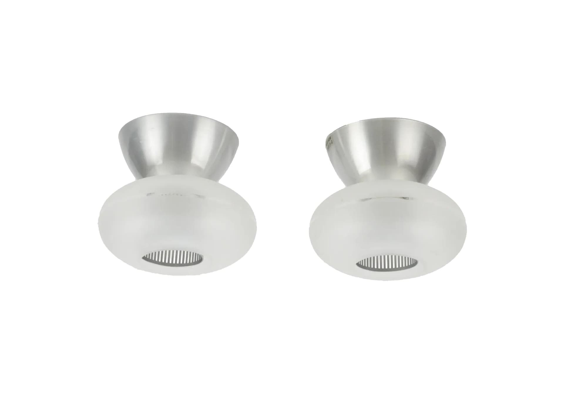 Pair of ceiling lamps, milky white glass, steel, Belid, Sweden, 1980s.