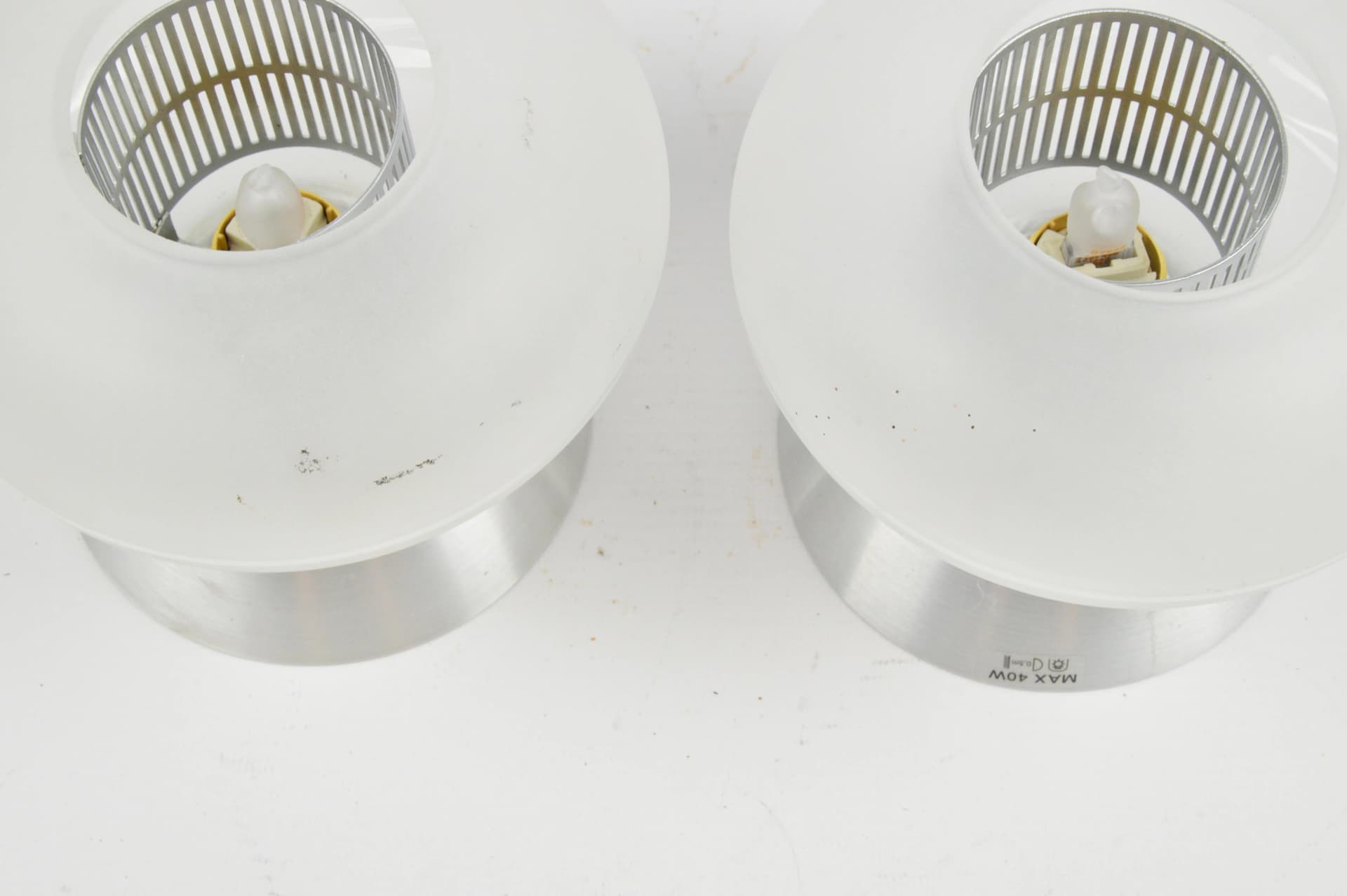 Pair of ceiling lamps, milky white glass, steel, Belid, Sweden, 1980s. - 85529