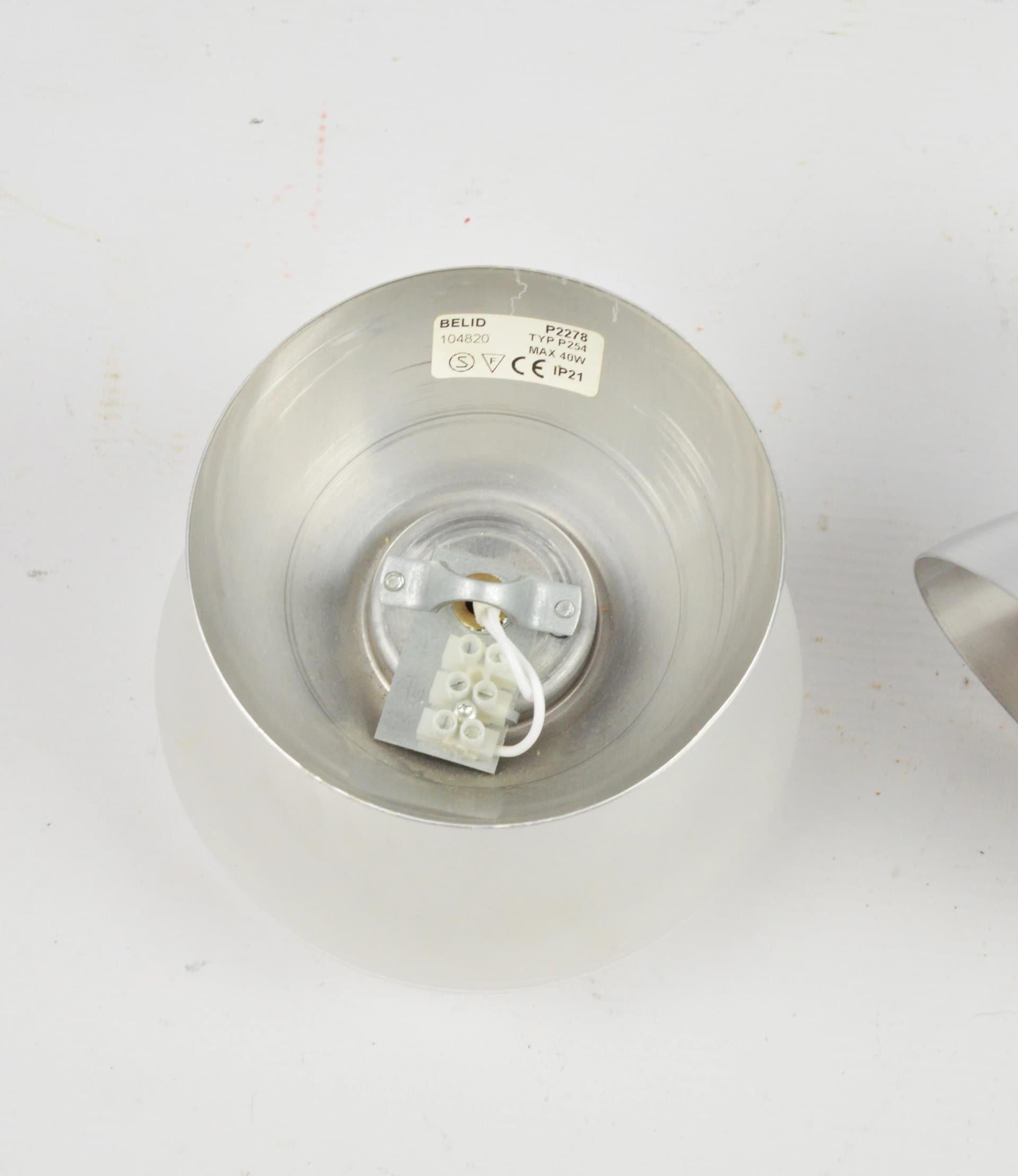 Pair of ceiling lamps, milky white glass, steel, Belid, Sweden, 1980s. - 85528