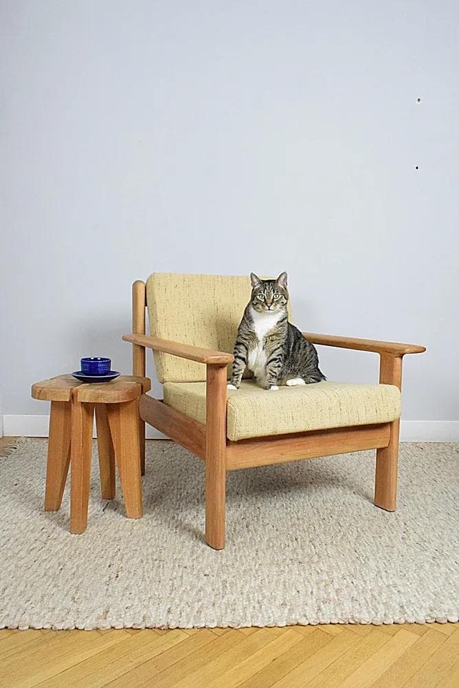 Fotel klubowy, wełna beżowa, drewno tekowe, proj. W. Knoll, Niemcy, lata 70. - 85517