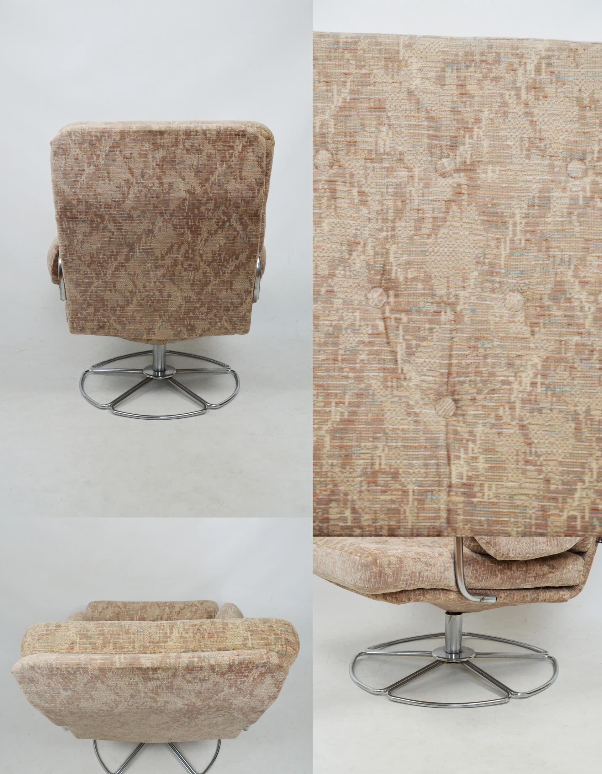 Fotel obrotowy, beżowy, tkanina, chrom, Polska, lata 70. - 85363