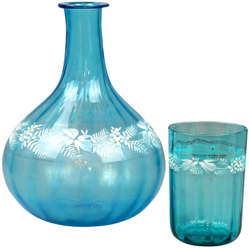 Karafka ze szklanką Mary Gregory, turkusowe szkło, Czechy, XIX w.