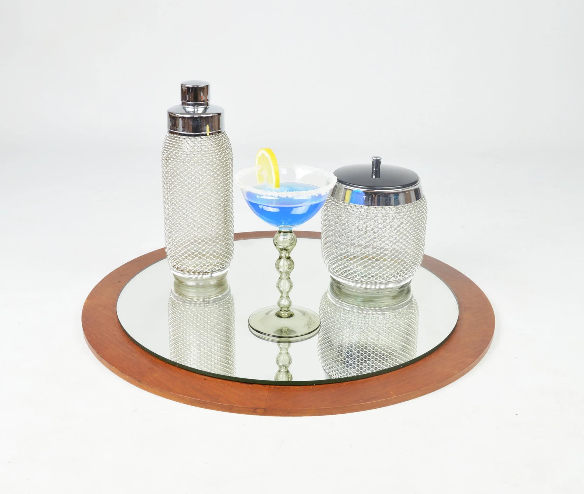 Zestaw barmański Mercuria, szkło przezroczyste, metal srebrny, Czechosłowacja, lata 70. - 85274