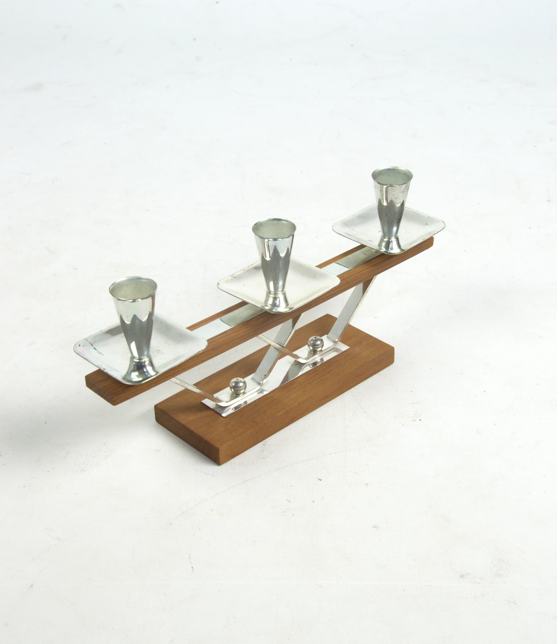 Świecznik, brązowy, drewno, metal, Polska, lata 70. - 85220