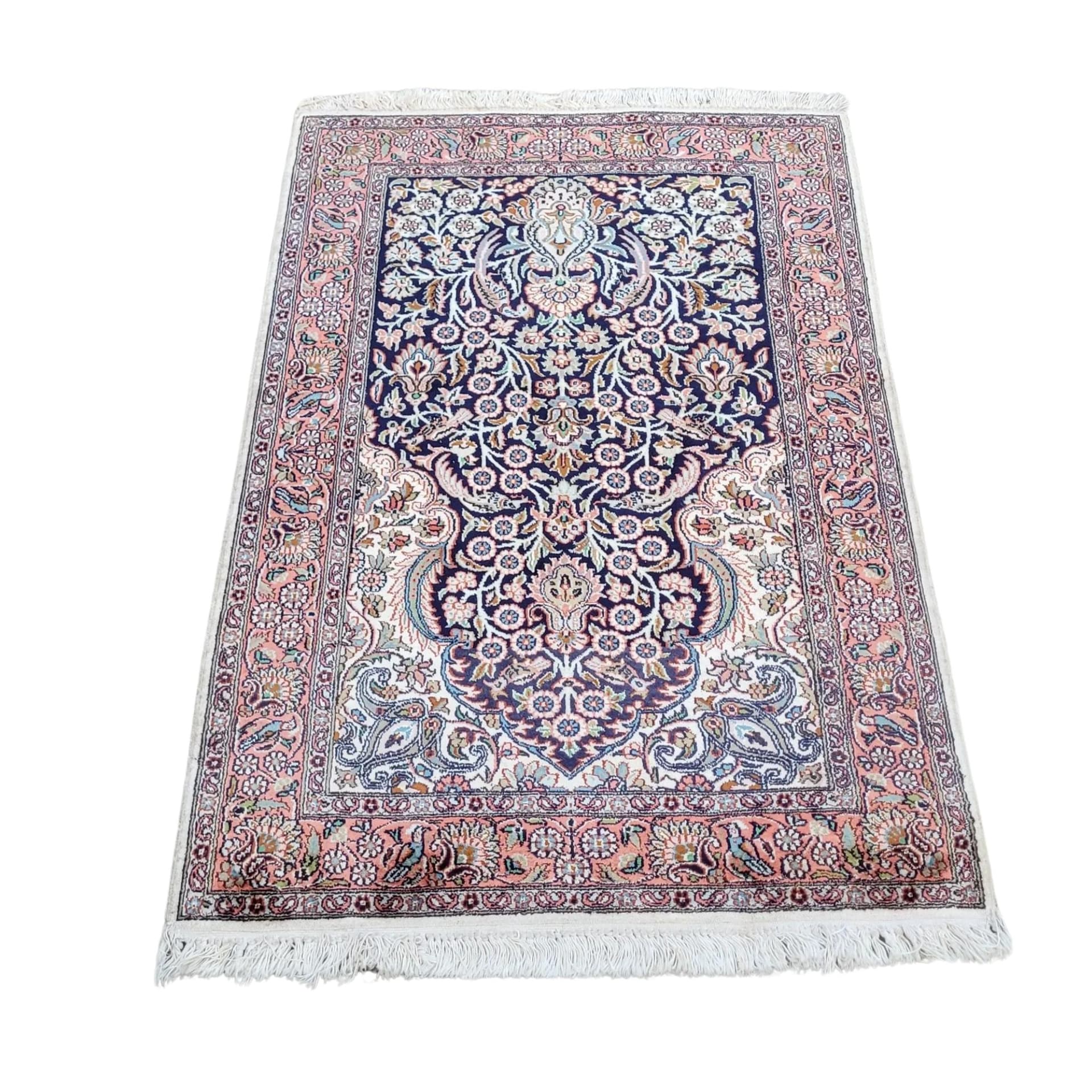 Dywan Indo Ghom 135x77 cm, granatowy, jedwab, Indie