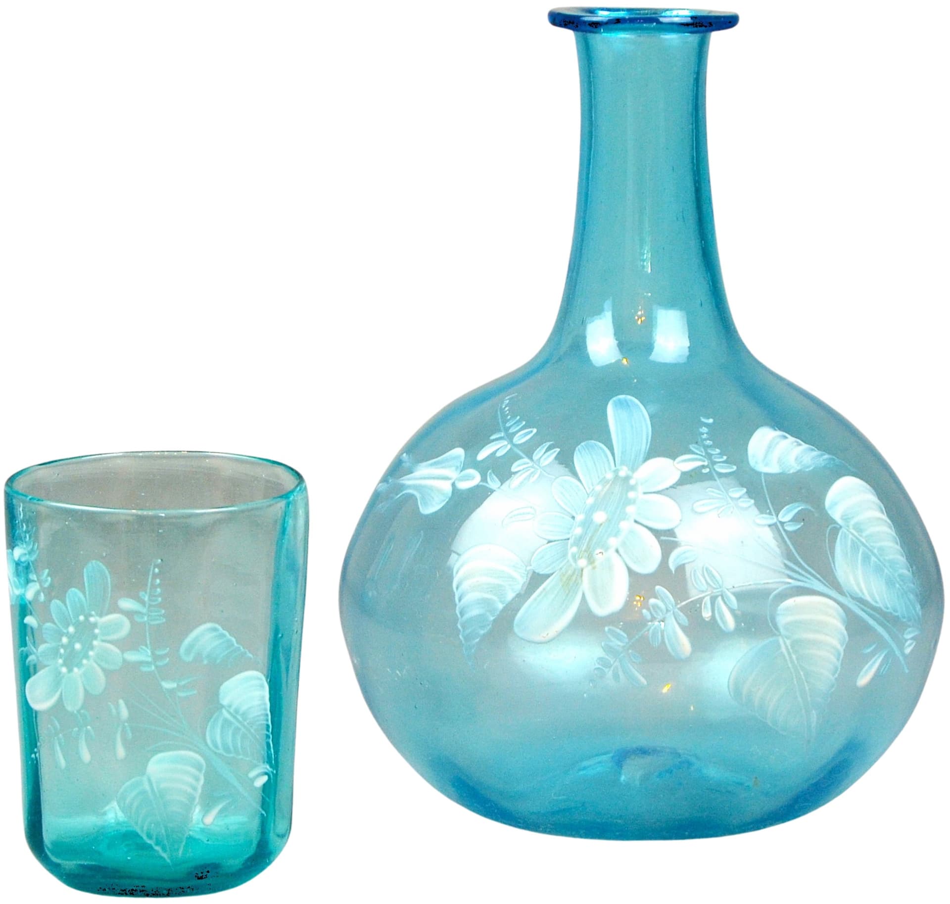 Zestaw karafka i szklanka Mary Gregory, turkus szkło, Czechy, XIX w.