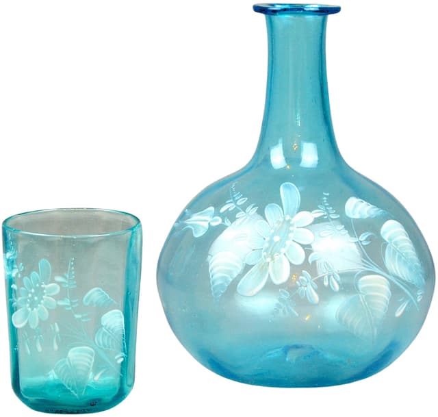 Zestaw karafka i szklanka Mary Gregory, turkus szkło, Czechy, XIX w. - WYMIARY