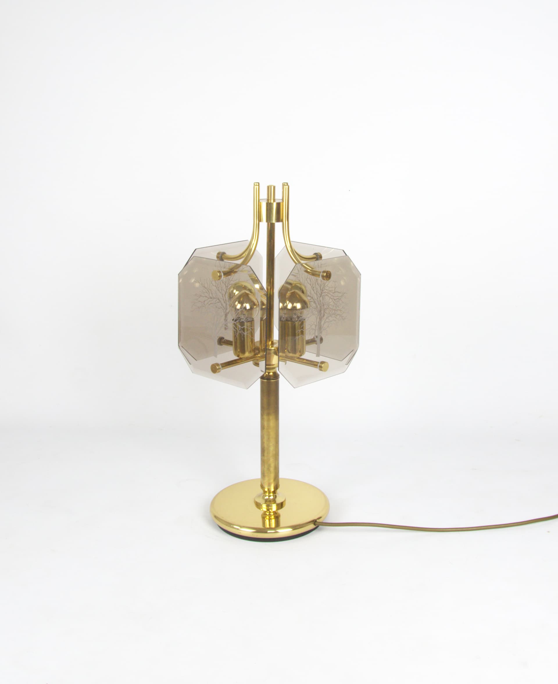 Lampa stołowa, mosiądz złoty, dymione szkło, proj. L. Colani, lata 80. - 84718