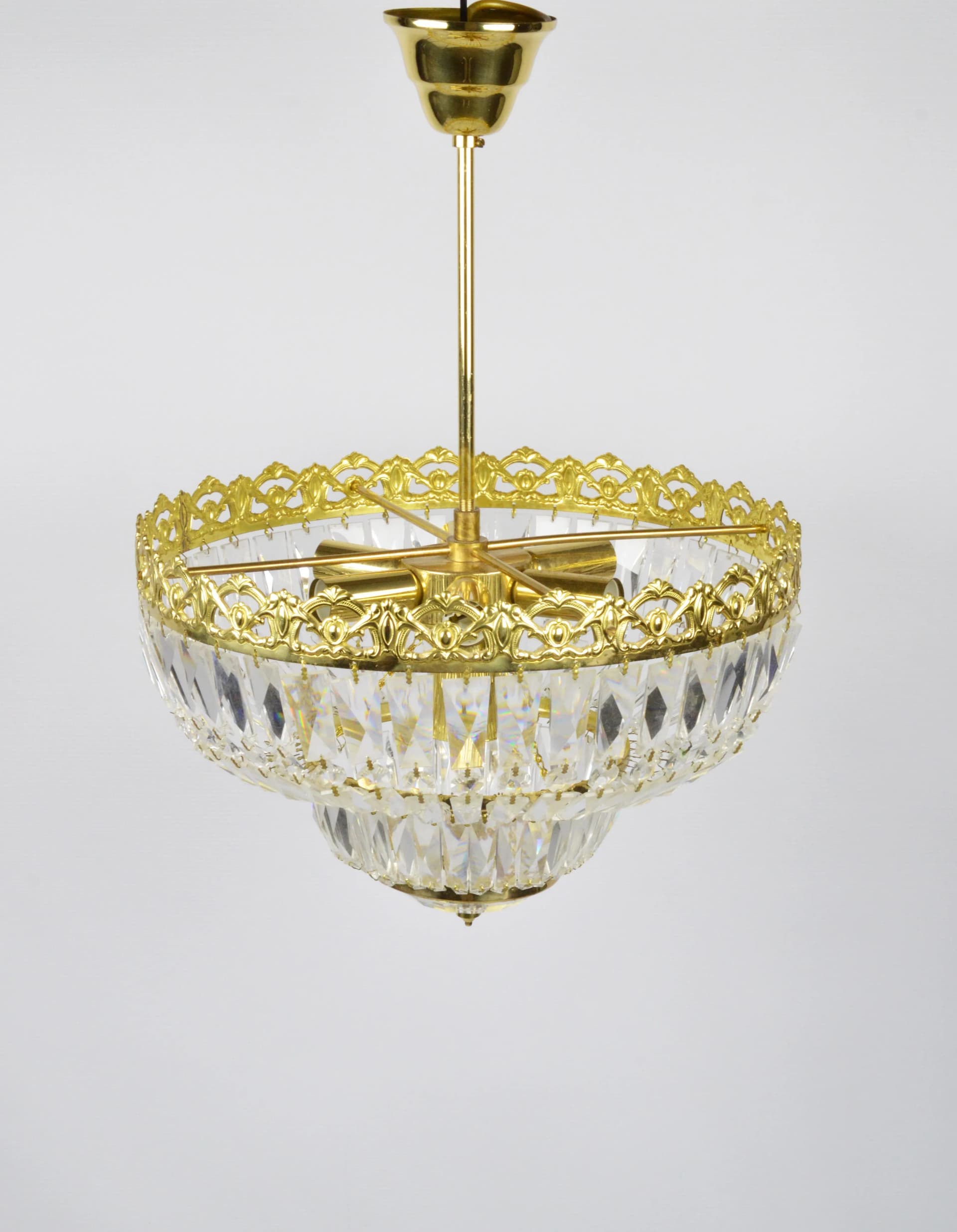 Żyrandol kryształowy transparentny, metal złoty, Polska, lata 70. - 84706