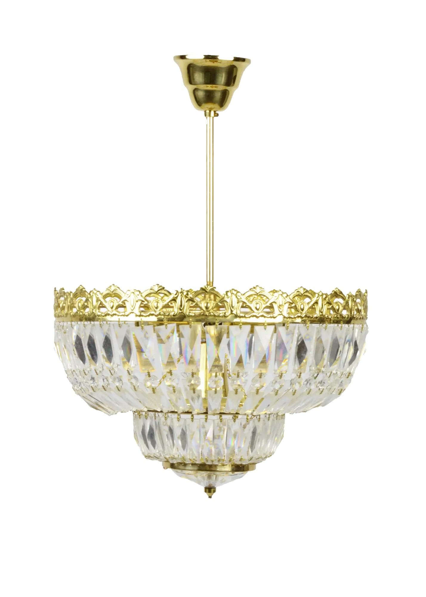 Żyrandol kryształowy transparentny, metal złoty, Polska, lata 70.