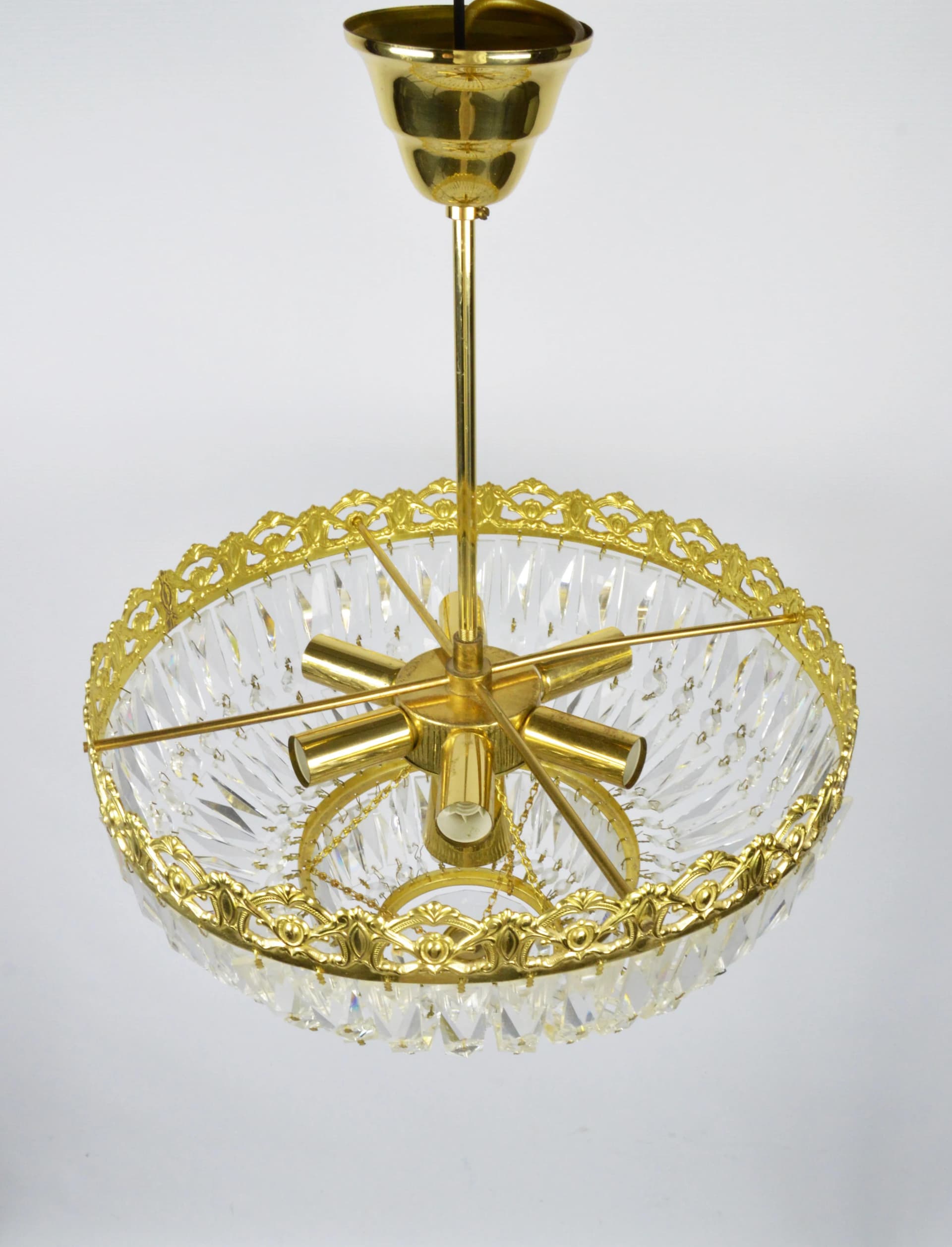 Żyrandol kryształowy transparentny, metal złoty, Polska, lata 70. - 84704