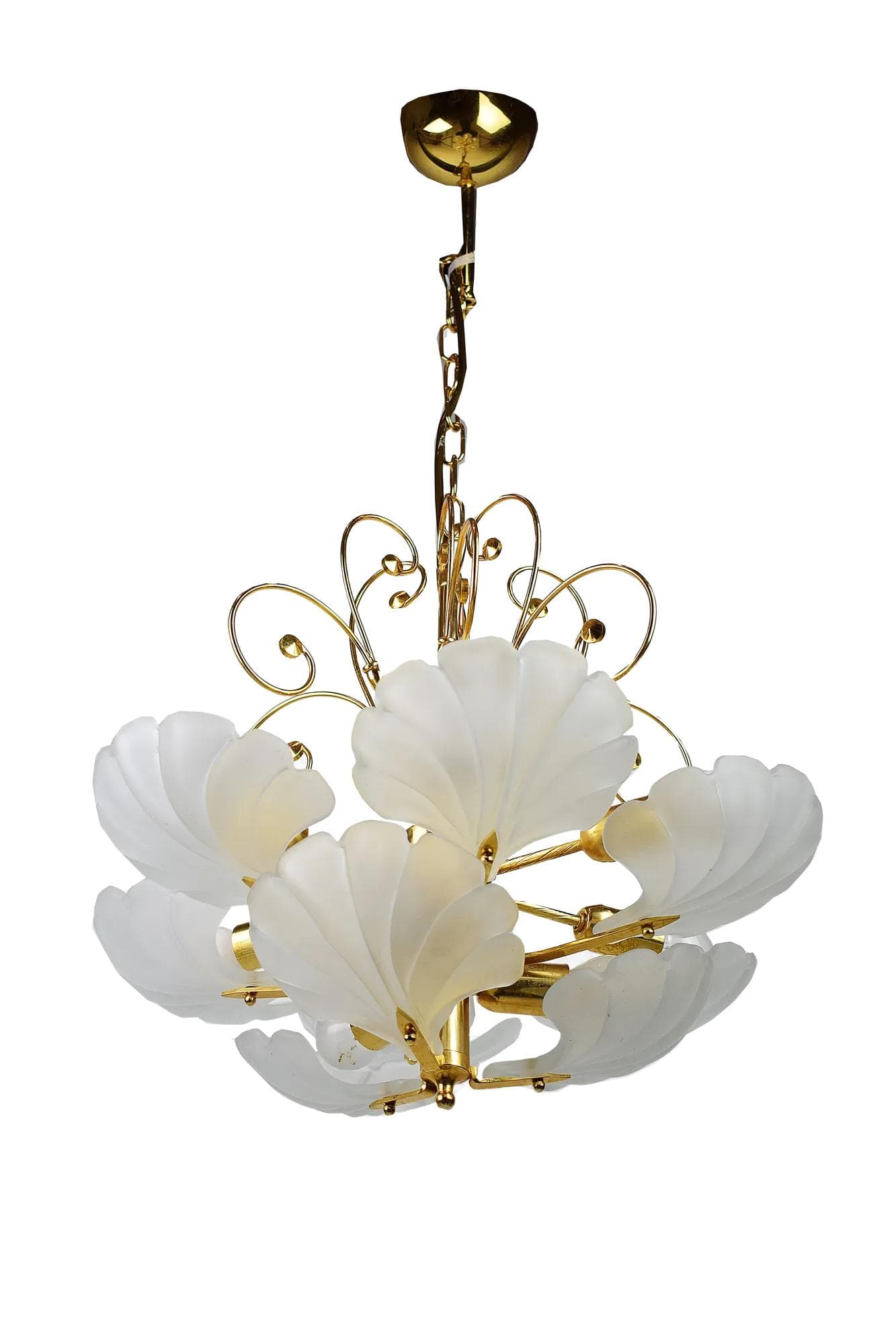 Żyrandol, złoty, metal mosiądz szkło, Belgia, lata 70.