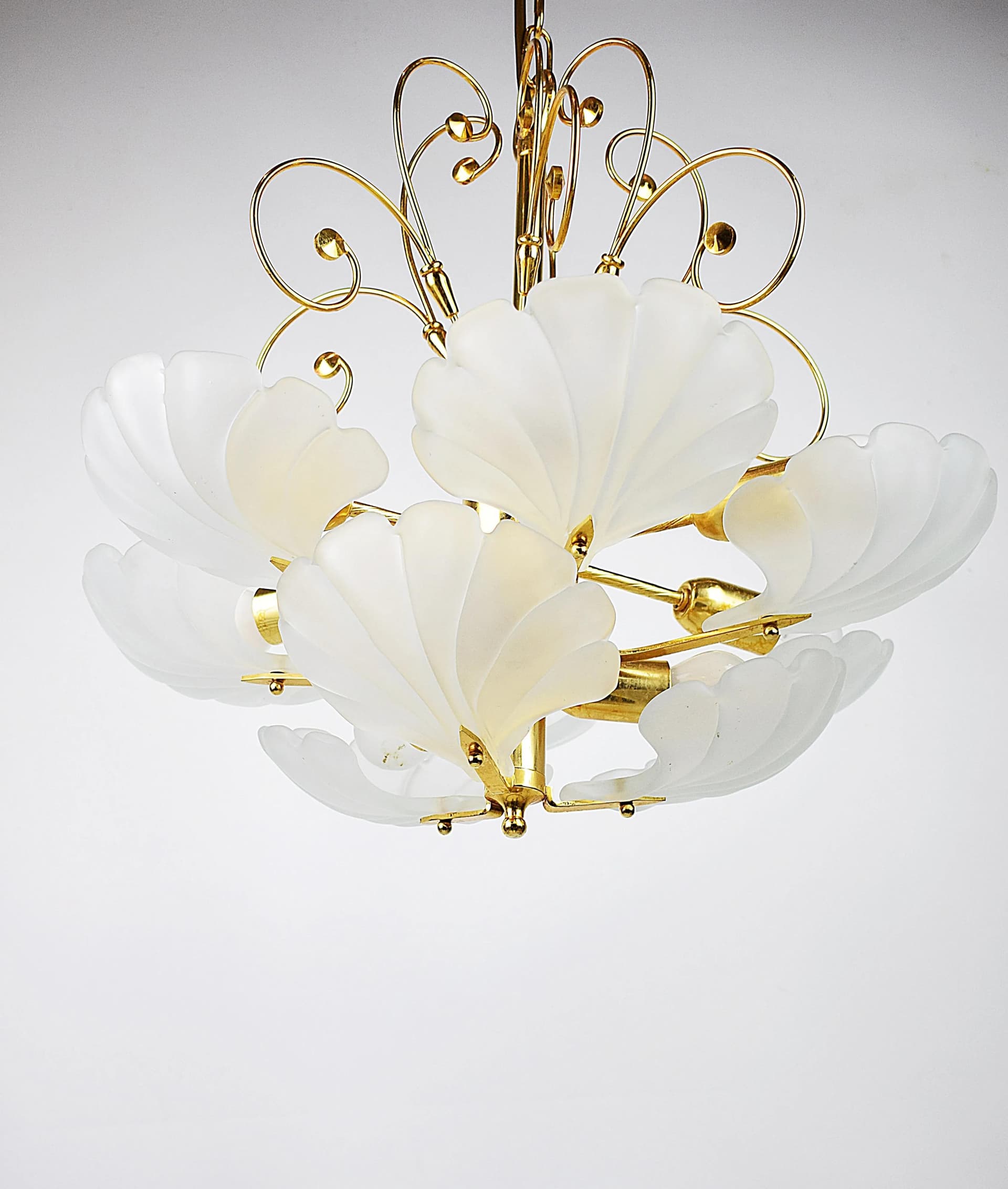 Żyrandol, złoty, metal mosiądz szkło, Belgia, lata 70. - 84638