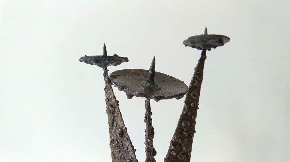 Candleholder Brutalist, dark brown metal, Poland, 1960s. - 84464