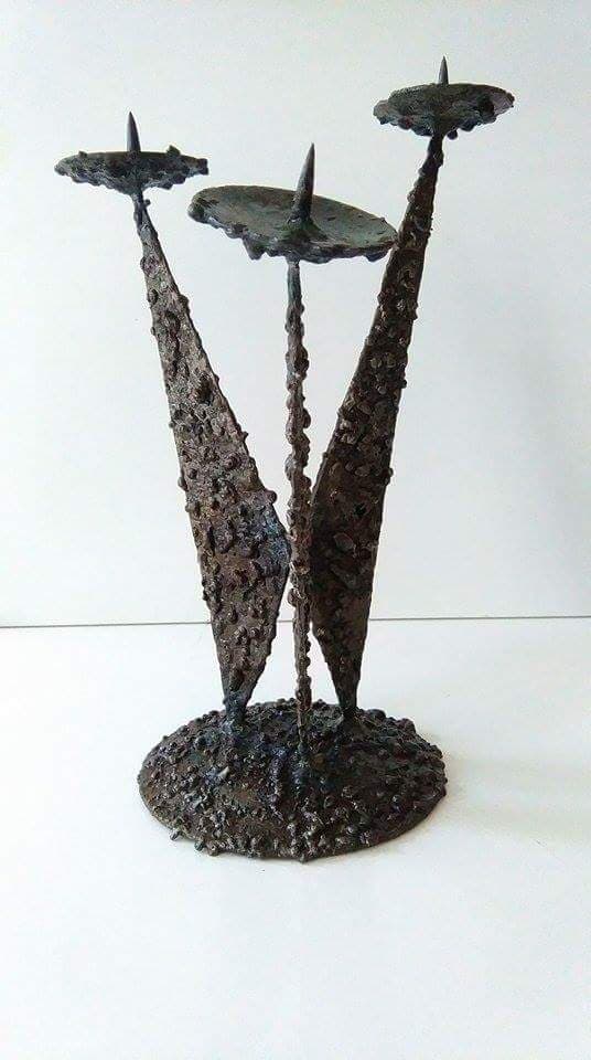 Candleholder Brutalist, dark brown metal, Poland, 1960s. - 84465