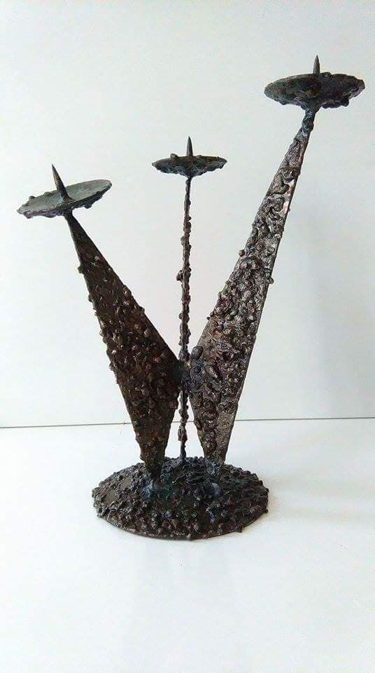 Candleholder Brutalist, dark brown metal, Poland, 1960s. - 84463