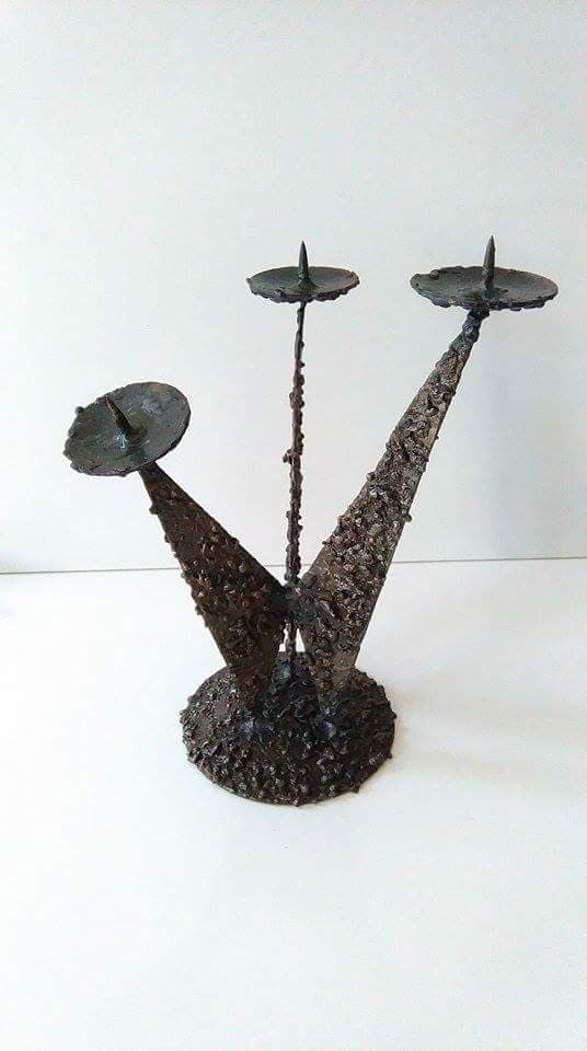 Candleholder Brutalist, dark brown metal, Poland, 1960s. - 84467