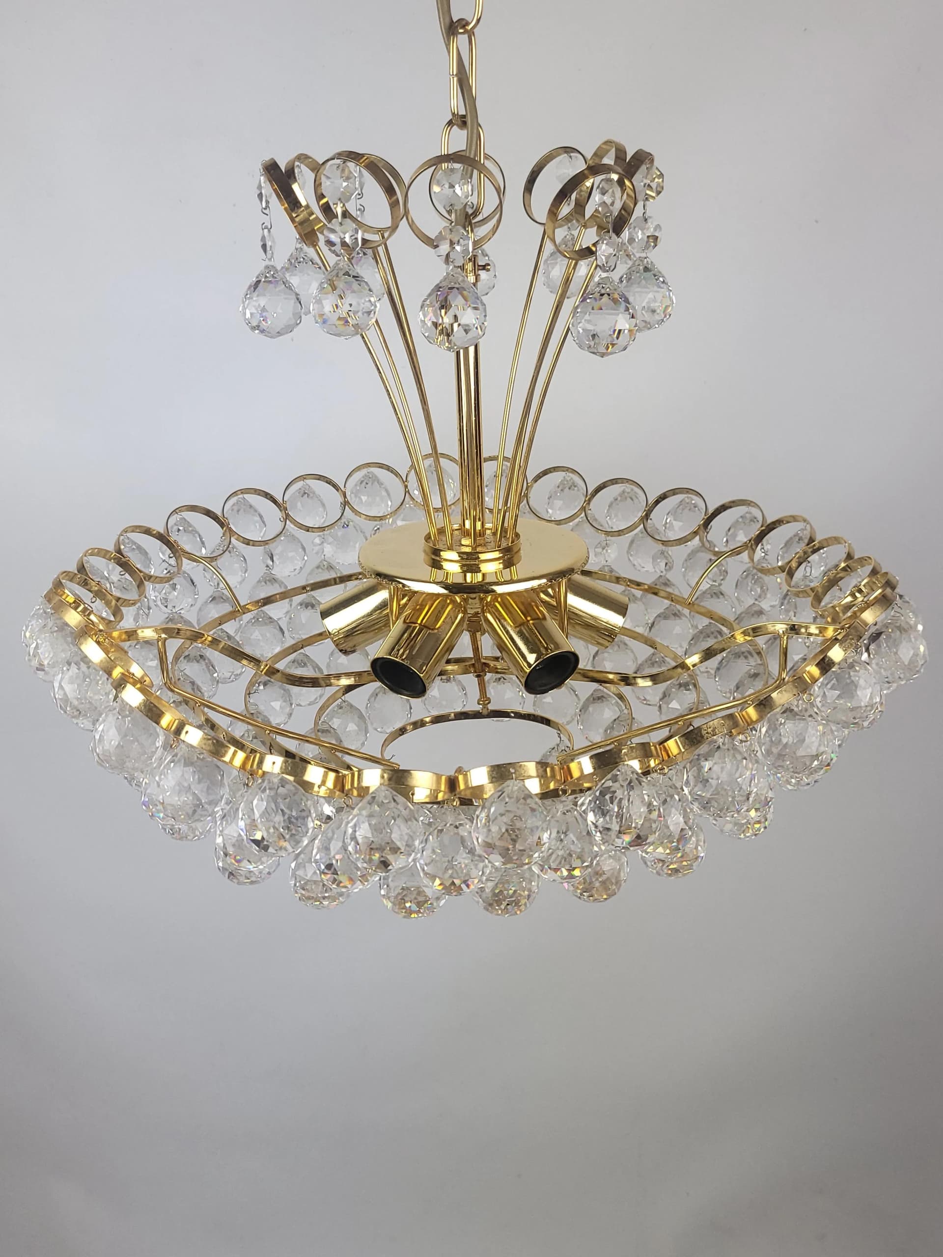 Żyrandol kryształowy, złocony mosiądz, Joski Bodemais, lata 70. - 84450