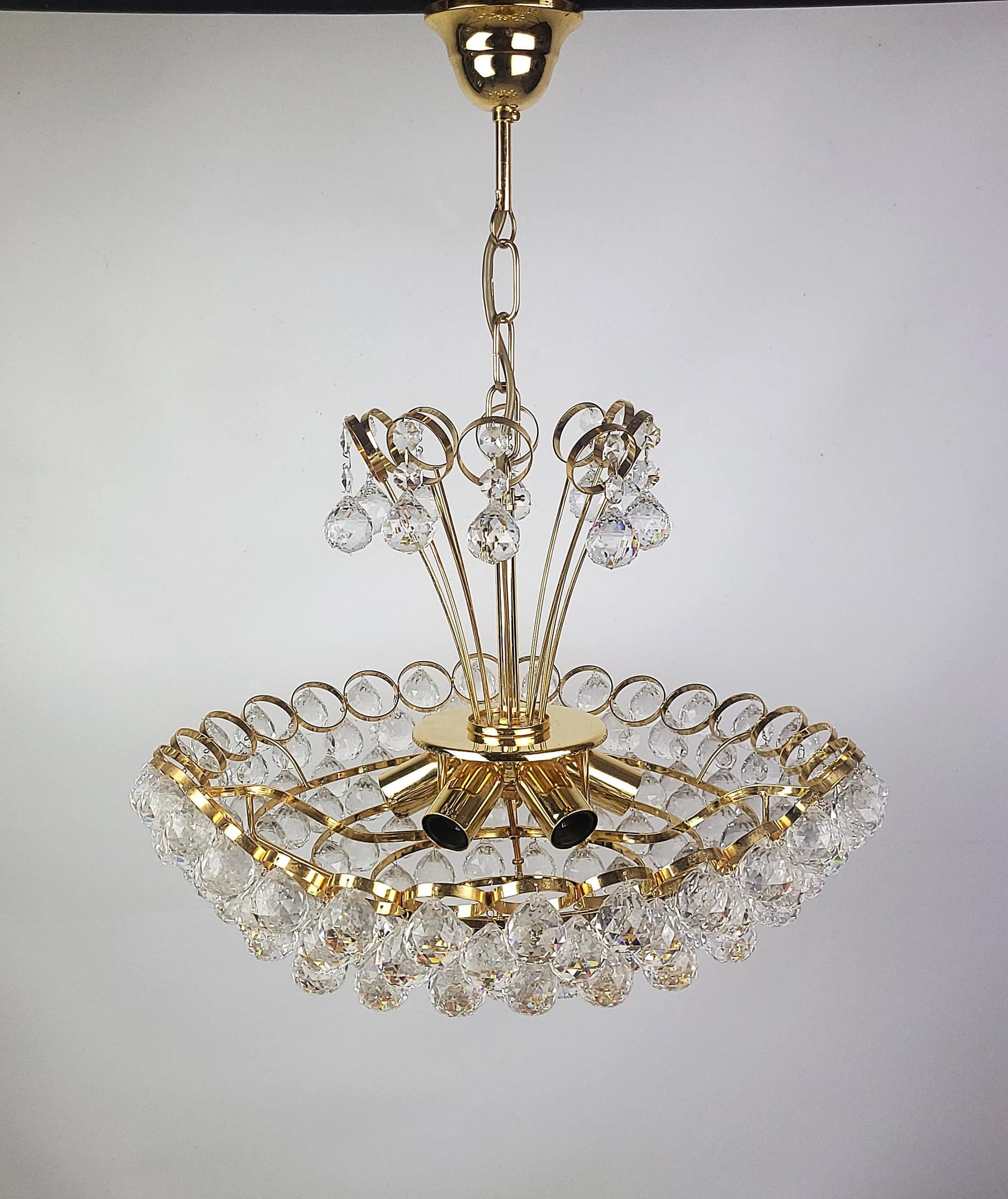 Żyrandol kryształowy, złocony mosiądz, Joski Bodemais, lata 70. - 84446