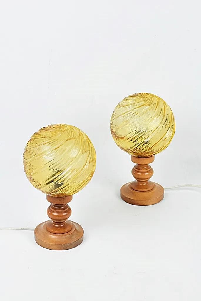 Para lamp nocnych, szkło brązowy, drewno brązowy, Polska, lata 70. - 84409