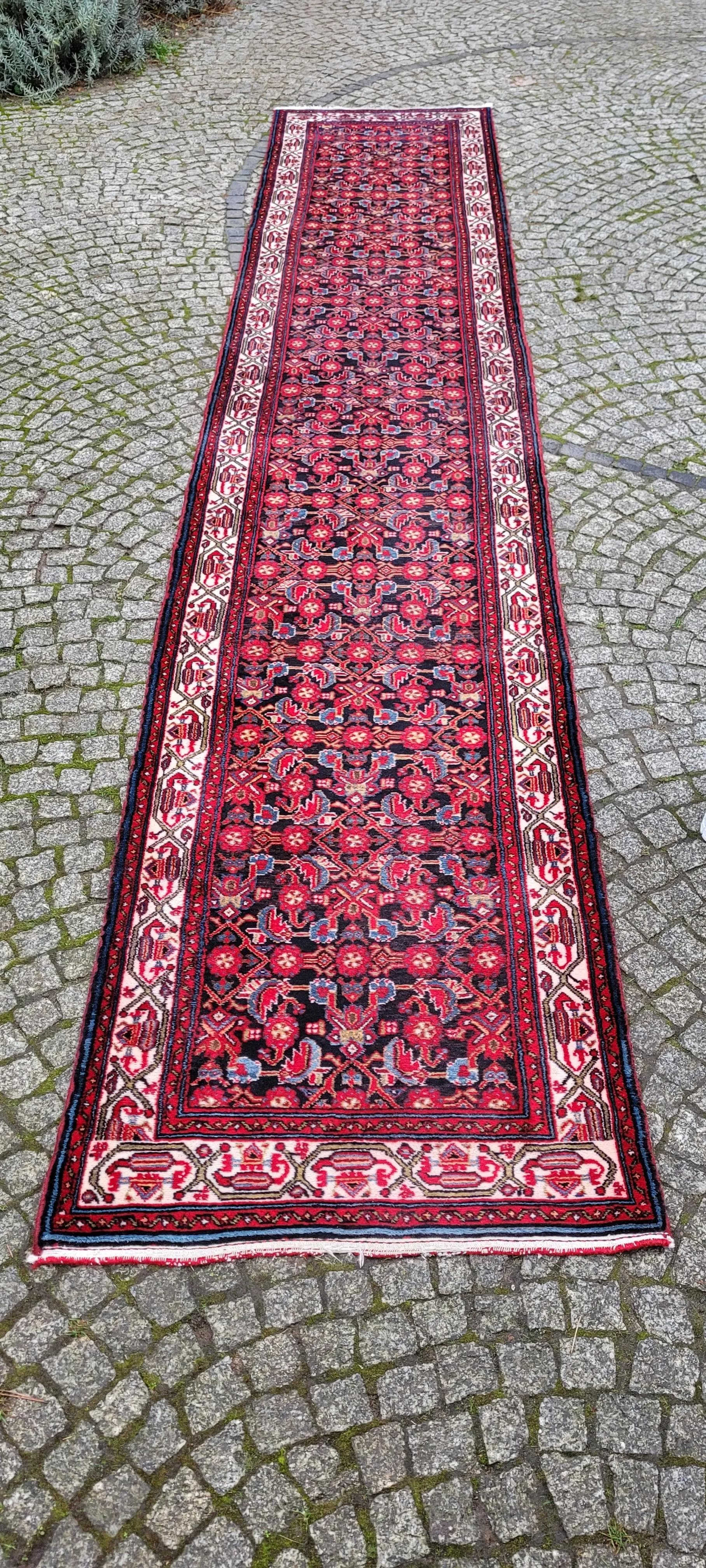 Chodnik Hamadan 90x485 cm, czerwony, wełna, Iran, lata 20. - 87428
