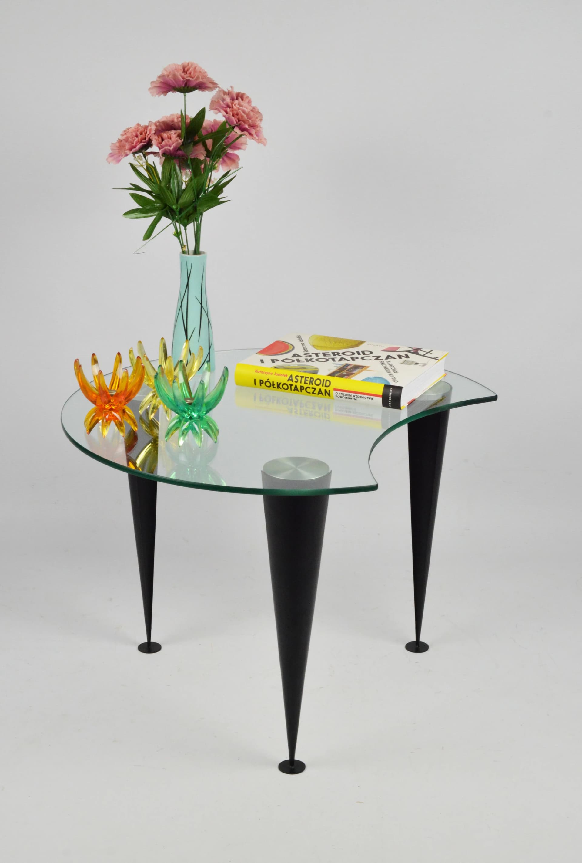 Stolik kawowy, szkło przezroczyste, metal czarny, Polska, lata 80. - 84222