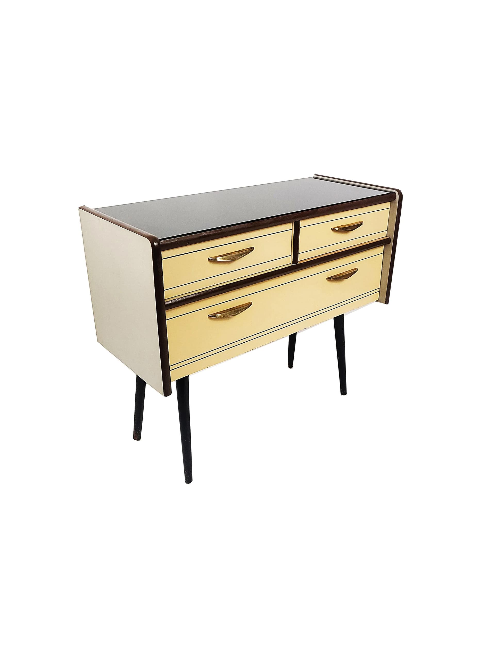 Chest of Drawers Rockabilly, beige wood, black lakobel glass, Poland, 1950s. - 84079