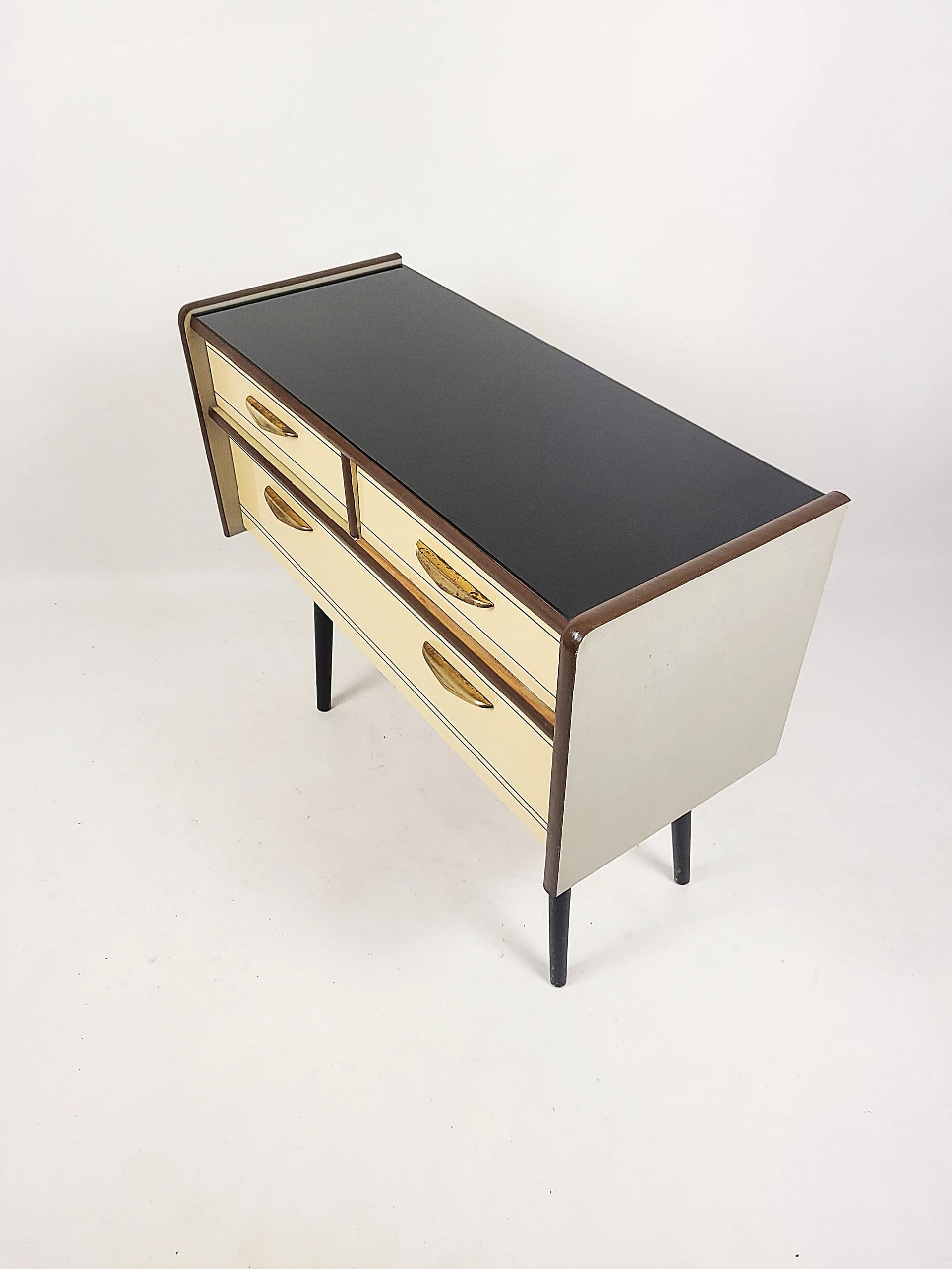 Chest of Drawers Rockabilly, beige wood, black lakobel glass, Poland, 1950s. - 84083