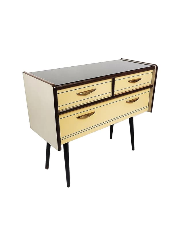Chest of Drawers Rockabilly, beige wood, black lakobel glass, Poland, 1950s. - DIMENSION