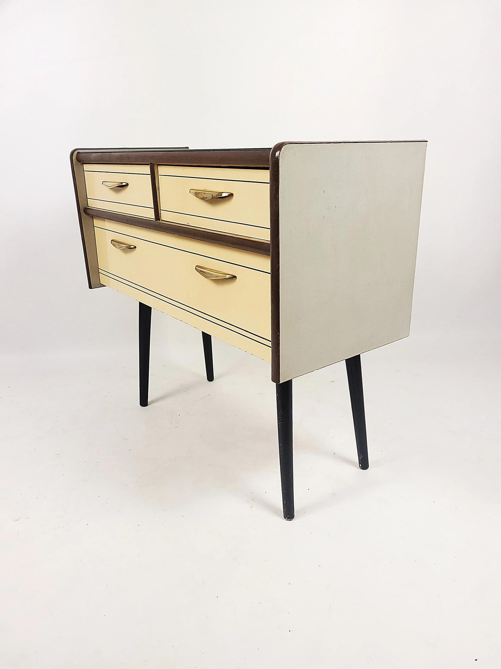 Chest of Drawers Rockabilly, beige wood, black lakobel glass, Poland, 1950s. - 84084