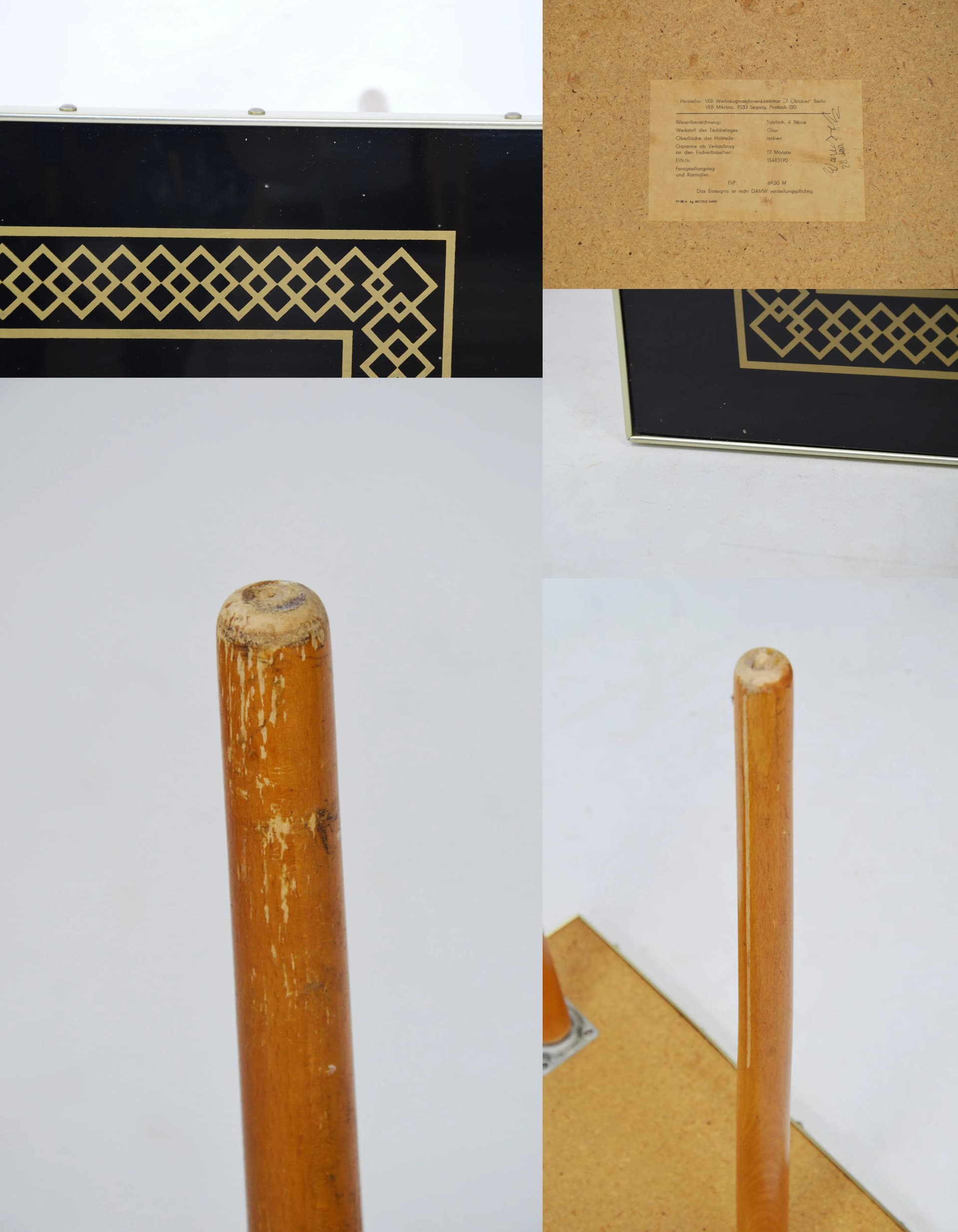 Stolik pomocniczy, szkło czarne, drewno brązowe, metal złoty, Niemcy, lata 70. - 84027