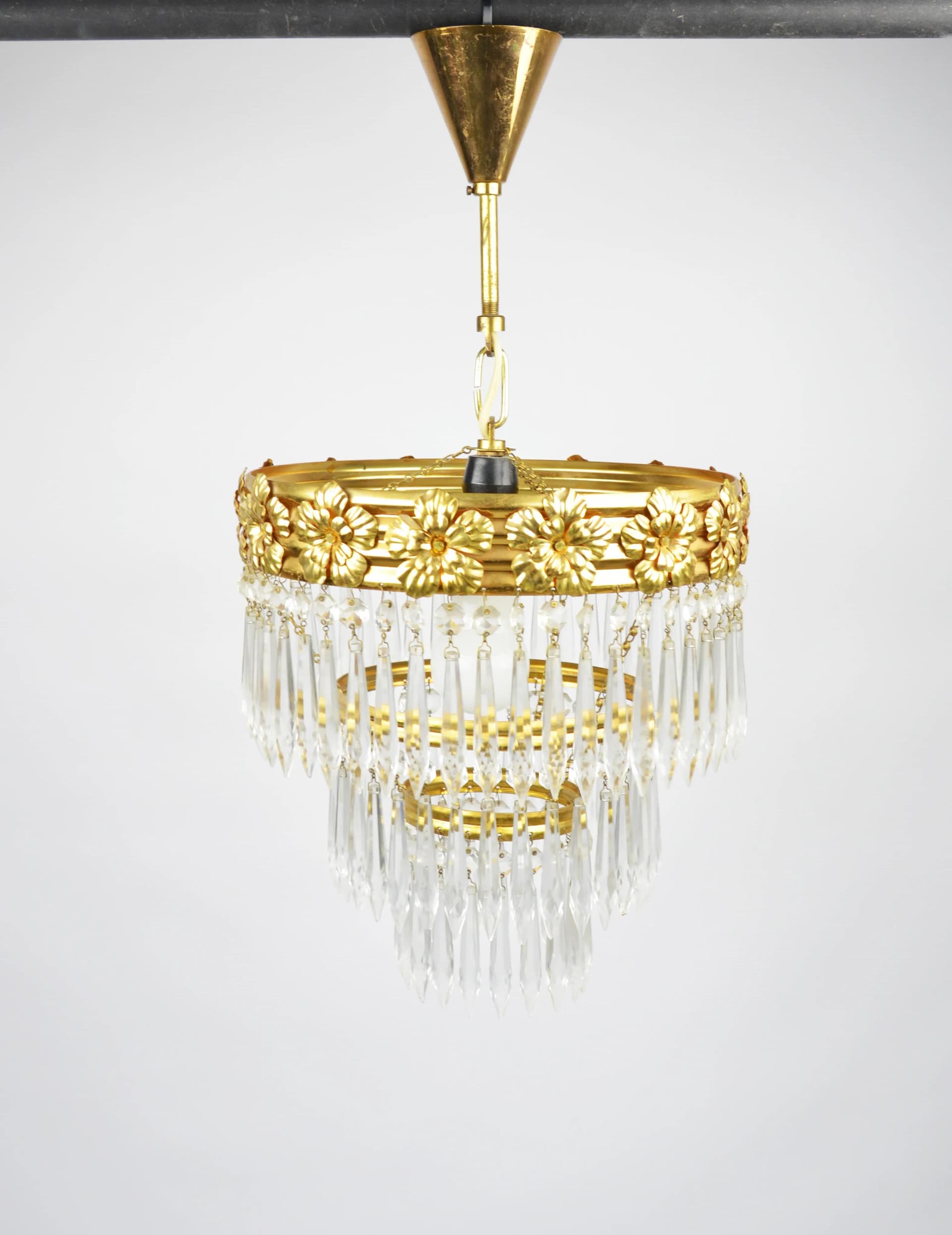 Żyrandol Zeleznobrodske Sklo, złoty, szkło, Czechosłowacja, lata 70. - 84009