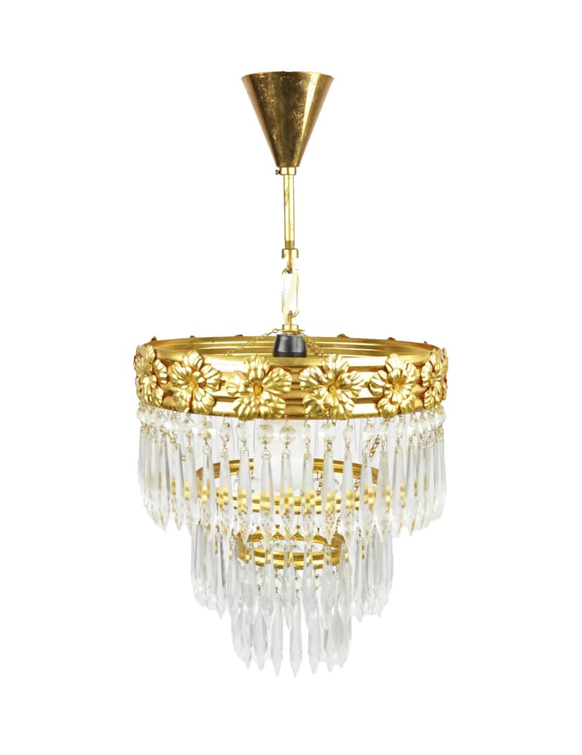 Żyrandol Zeleznobrodske Sklo, złoty, szkło, Czechosłowacja, lata 70.