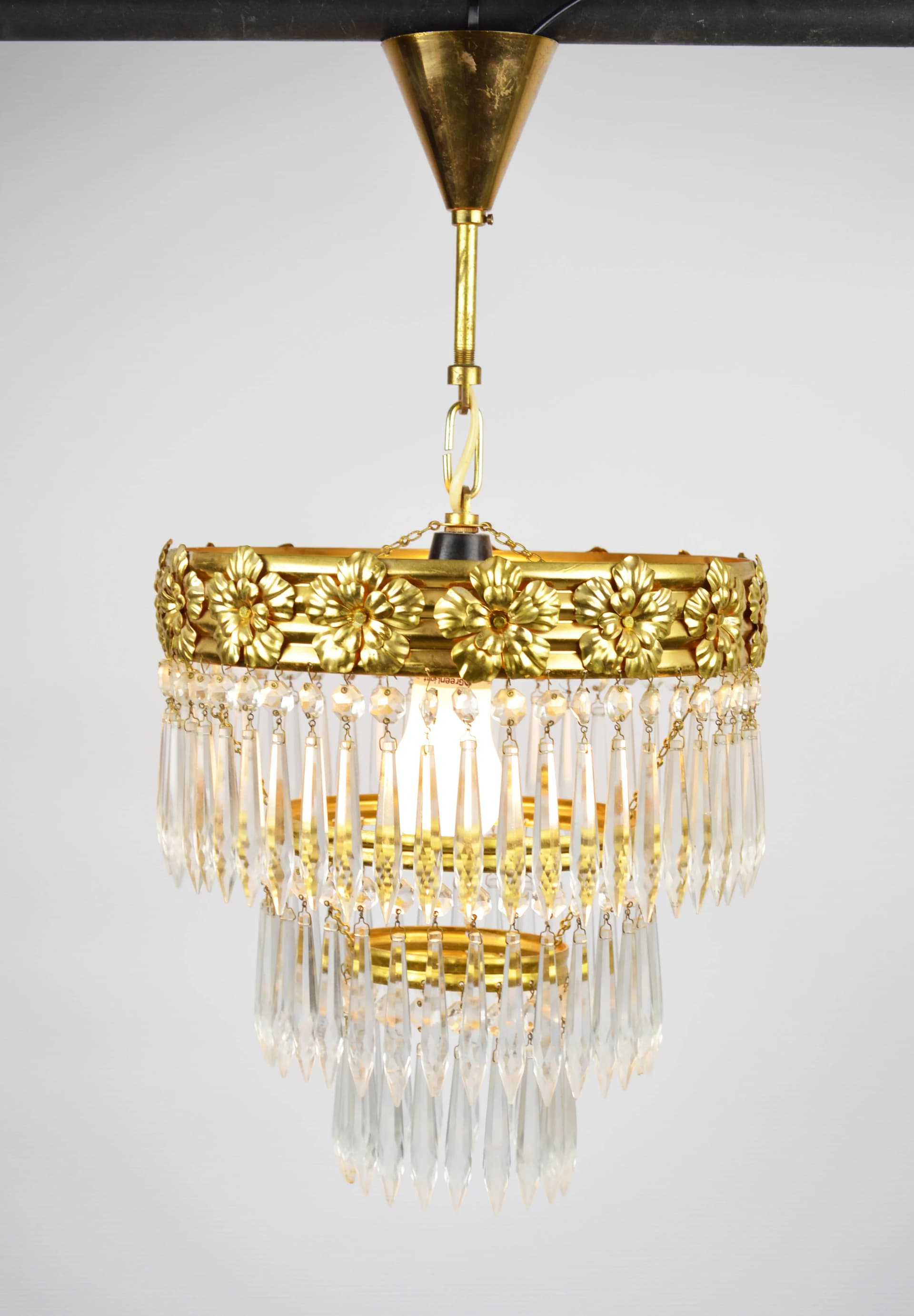 Żyrandol Zeleznobrodske Sklo, złoty, szkło, Czechosłowacja, lata 70. - 84014