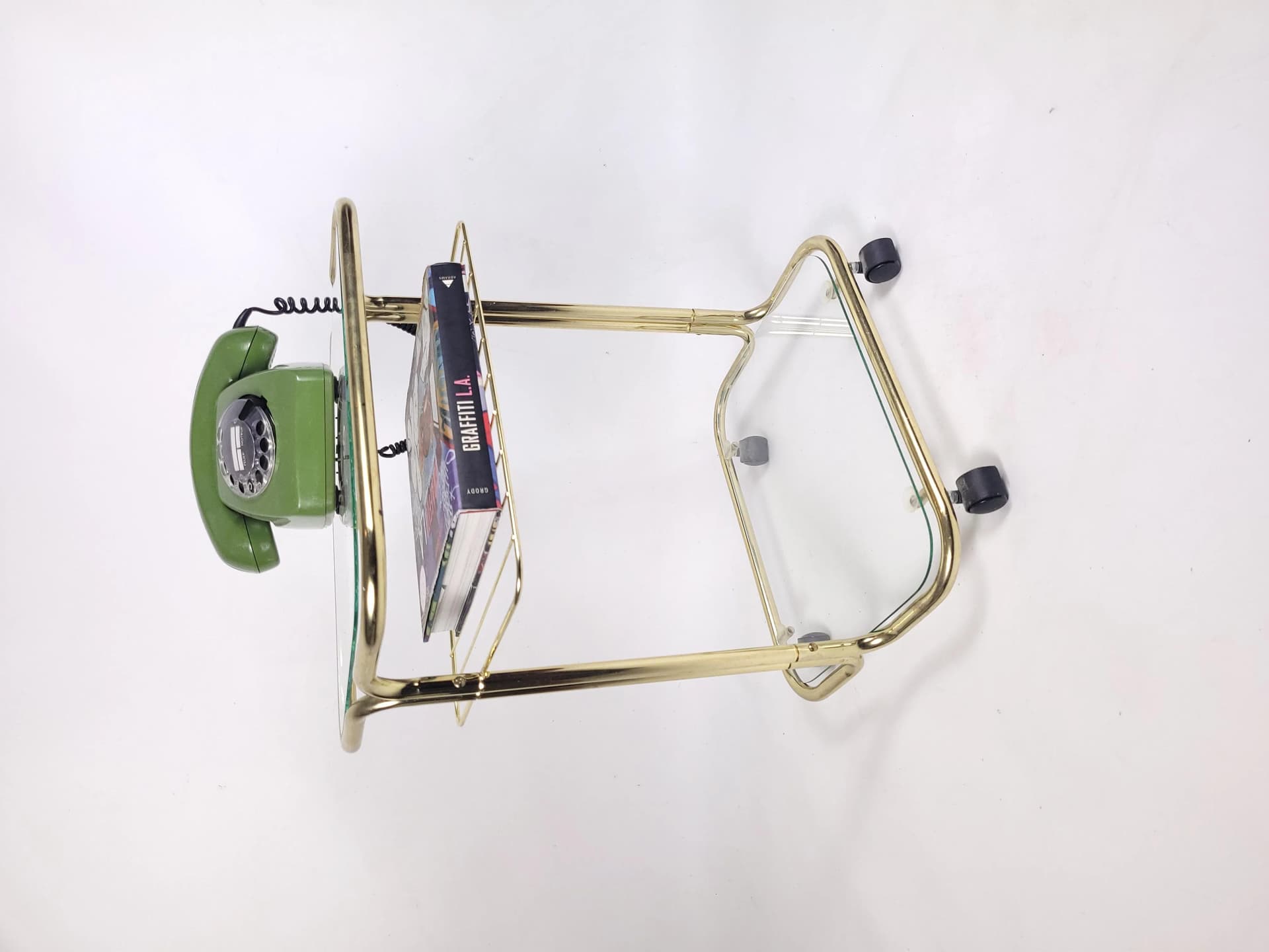 Magazine Rack Side Table, golden metal, glass, Poland, 1980s. - 83987