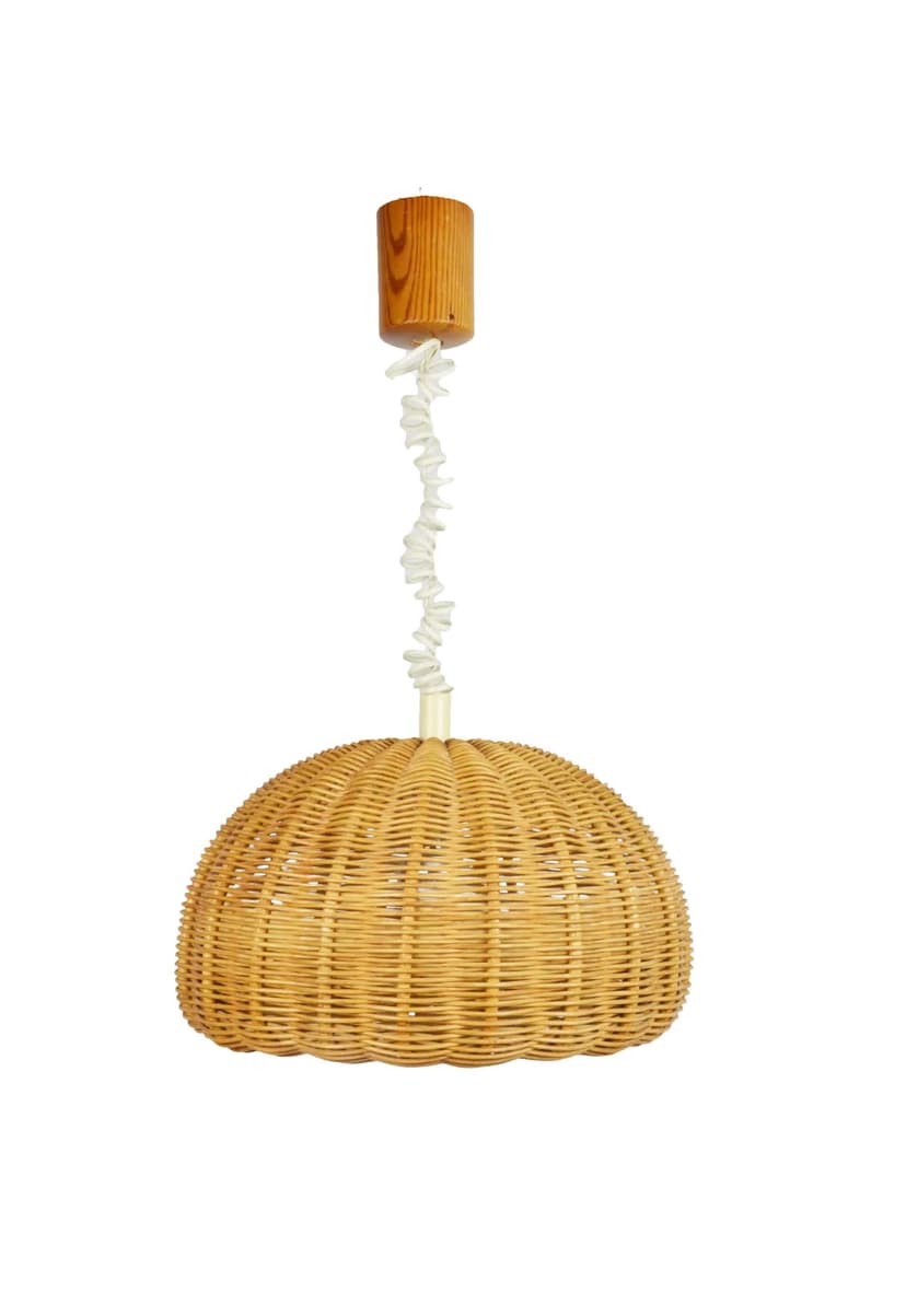 Lampa wisząca, brązowy jasny, rattan, Polska, lata 70.