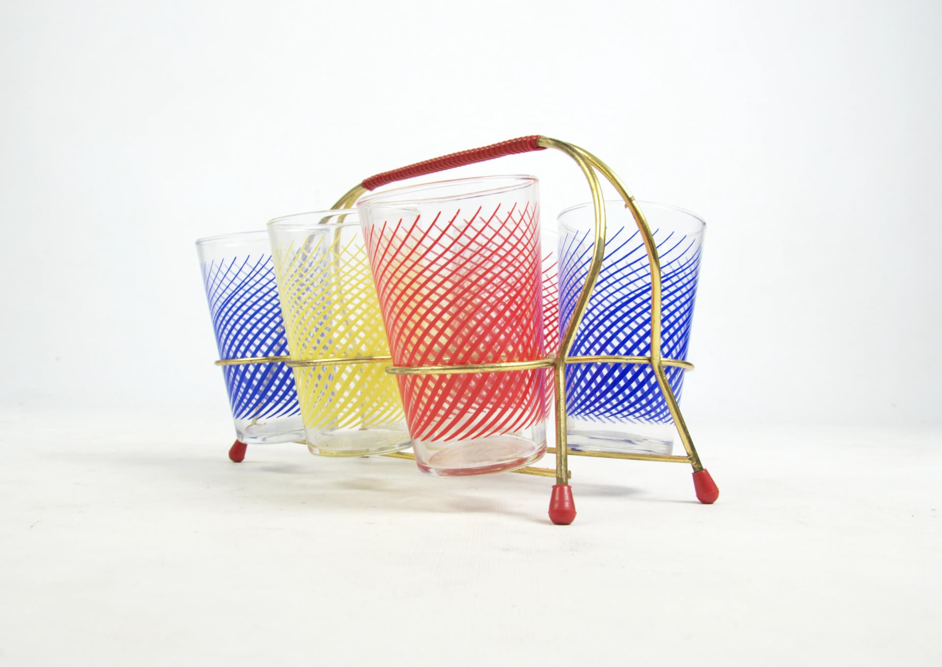 Komplet szklanek na stojaku, multikolor, szkło, Polska, lata 60. - 83742